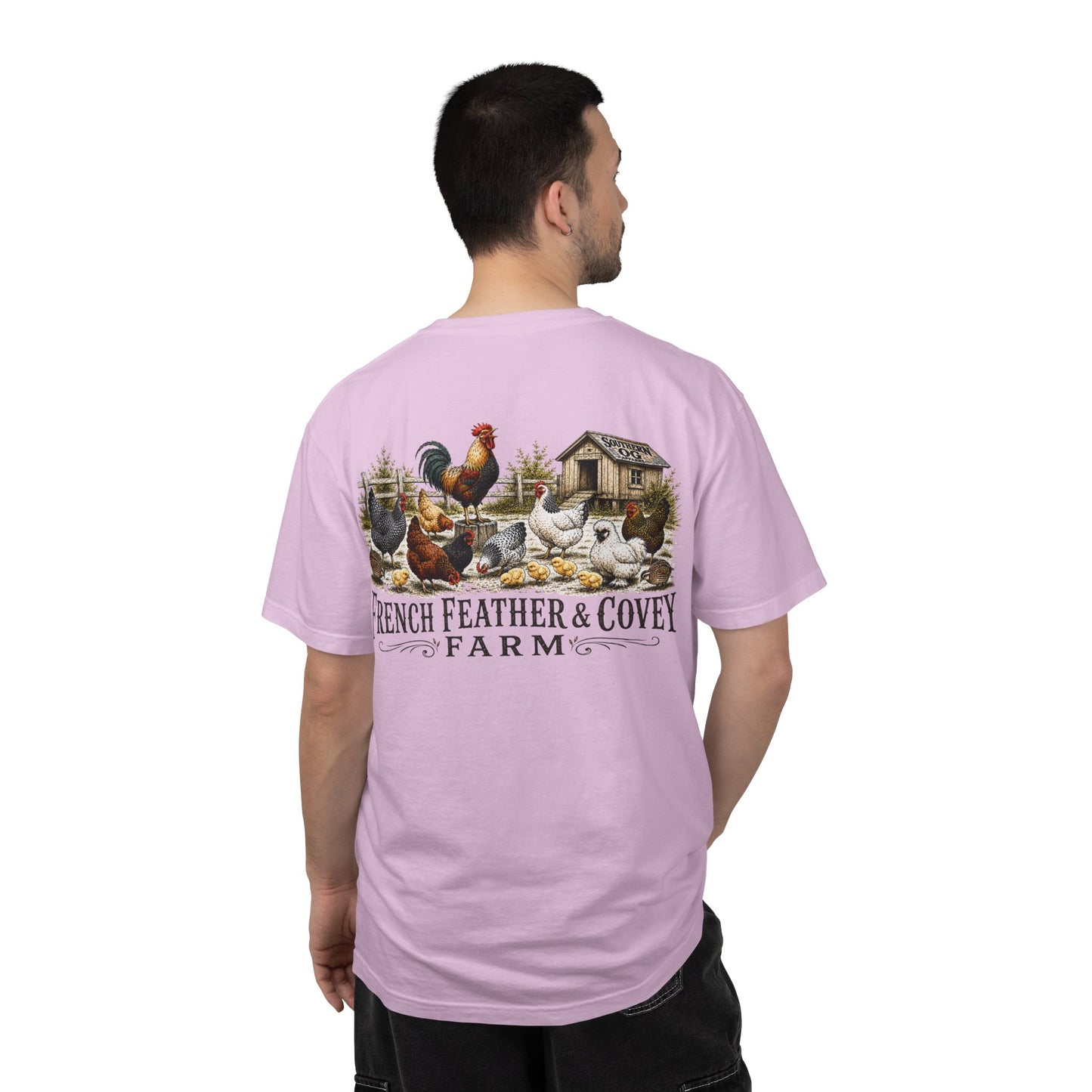 French Feather & Covey Farm T-Shirt — Vintage Farmhouse Chicken Tee