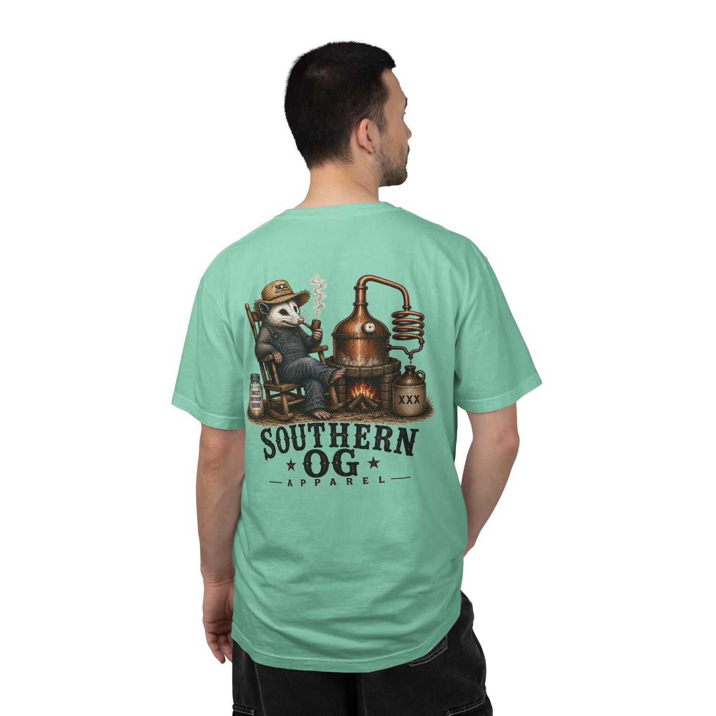 Southern OG Distillery T-Shirt — Moonshine Still Raccoon Graphic