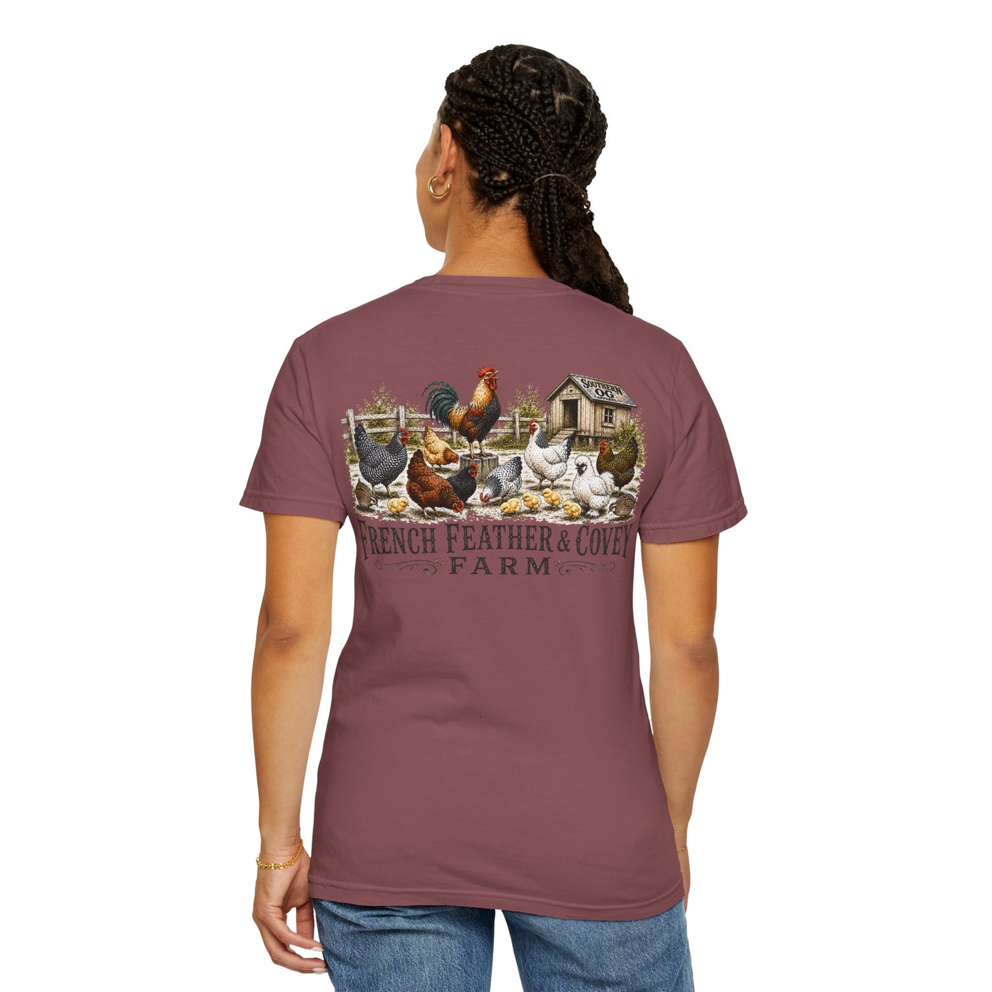 French Feather & Covey Farm T-Shirt — Vintage Farmhouse Chicken Tee