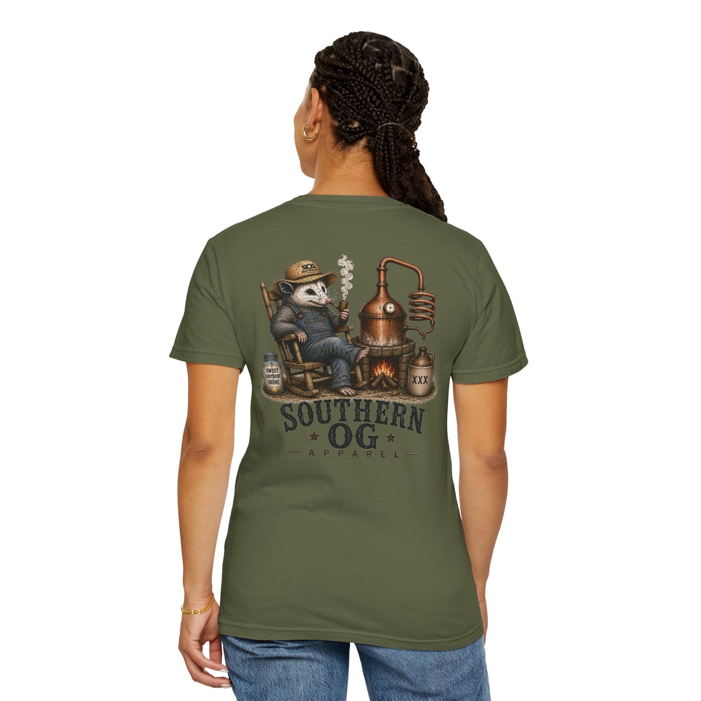 Southern OG Distillery T-Shirt — Moonshine Still Raccoon Graphic
