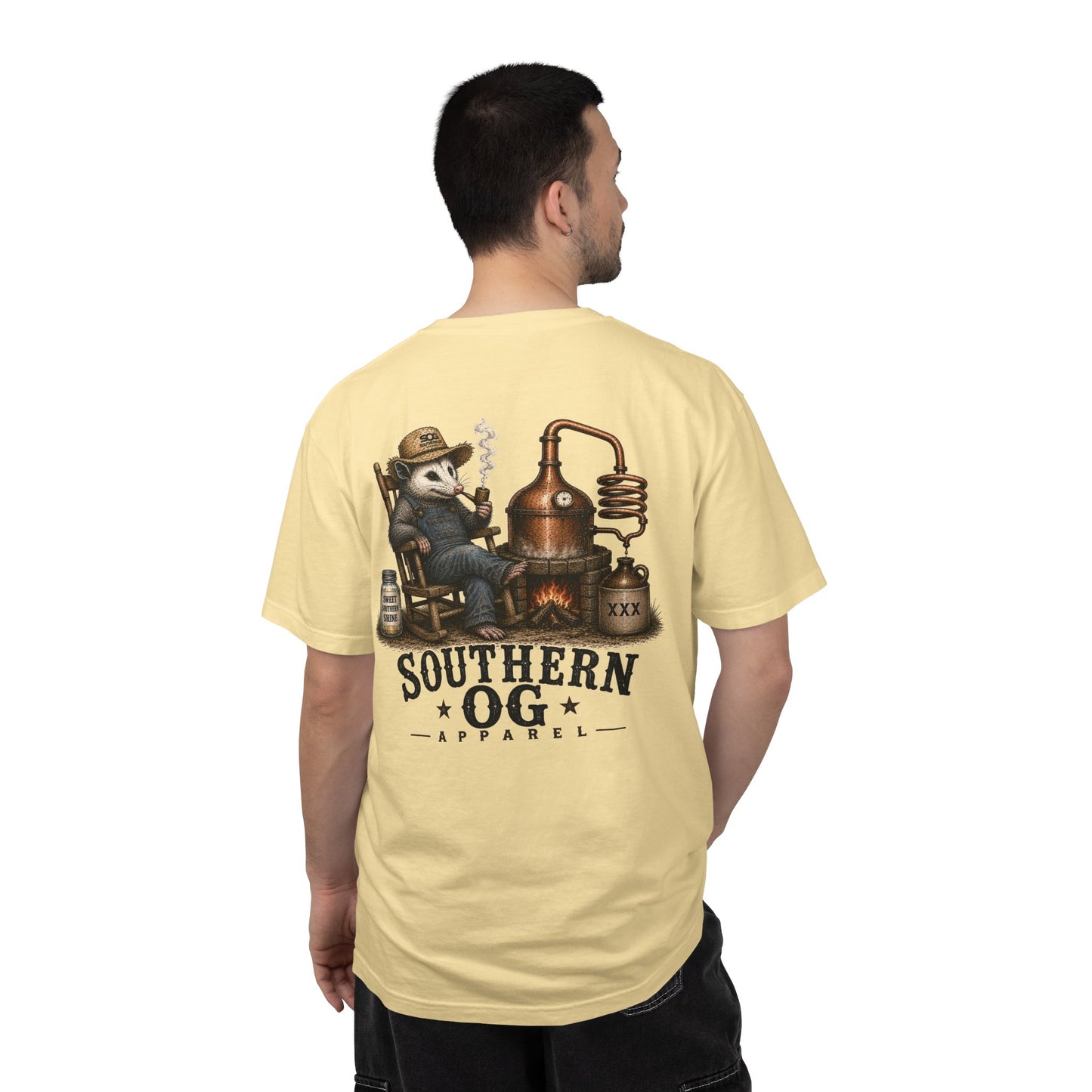 Southern OG Distillery T-Shirt — Moonshine Still Raccoon Graphic