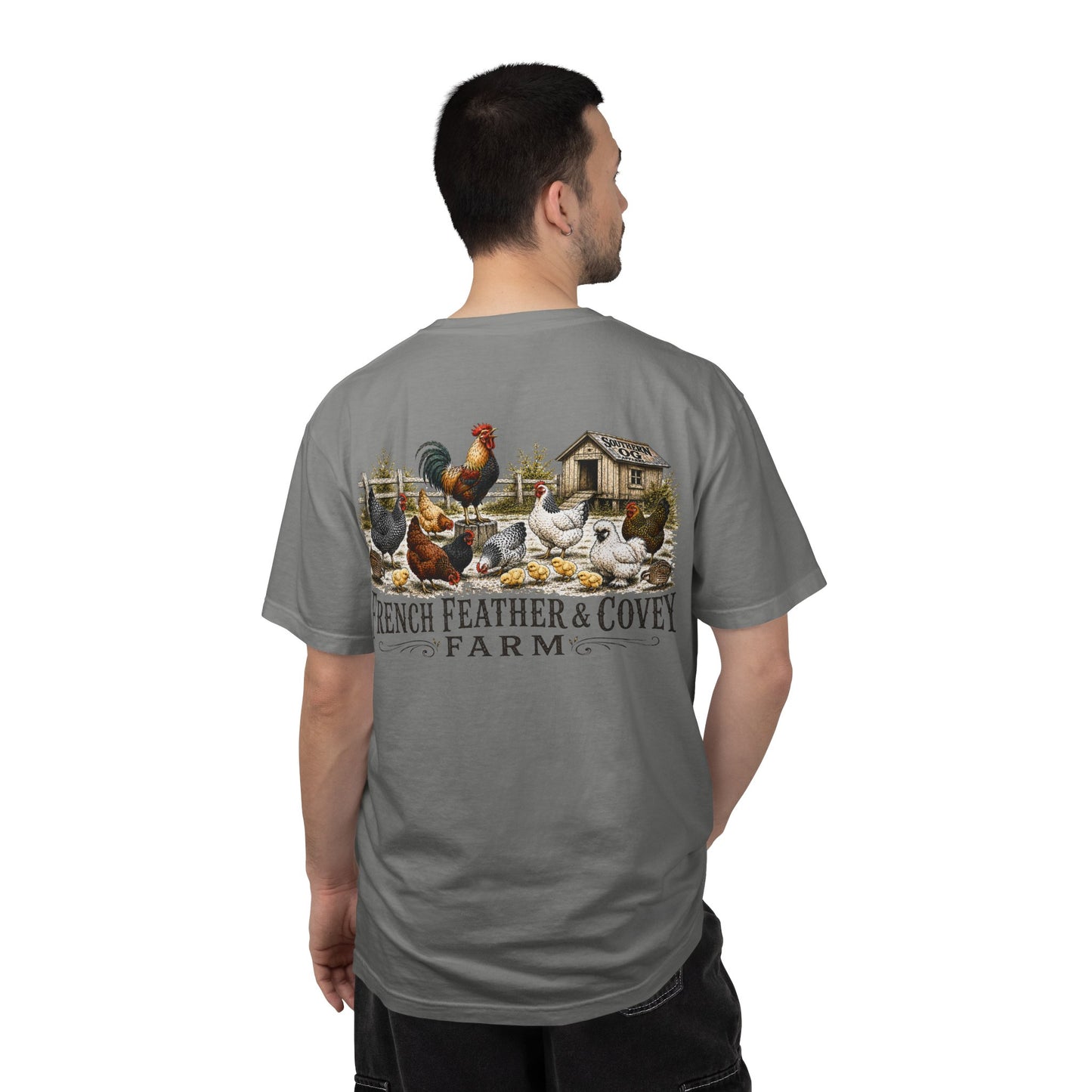 French Feather & Covey Farm T-Shirt — Vintage Farmhouse Chicken Tee