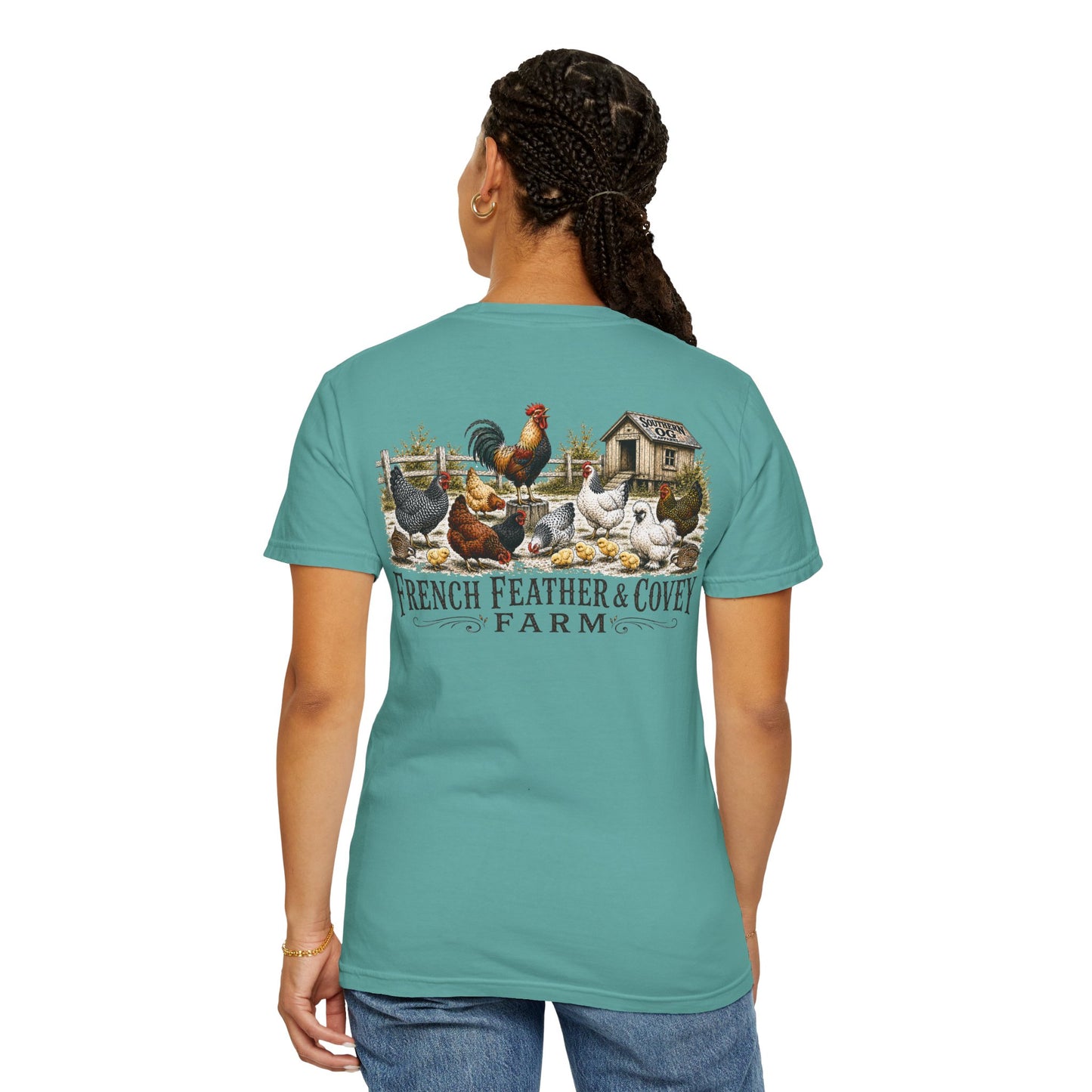 French Feather & Covey Farm T-Shirt — Vintage Farmhouse Chicken Tee