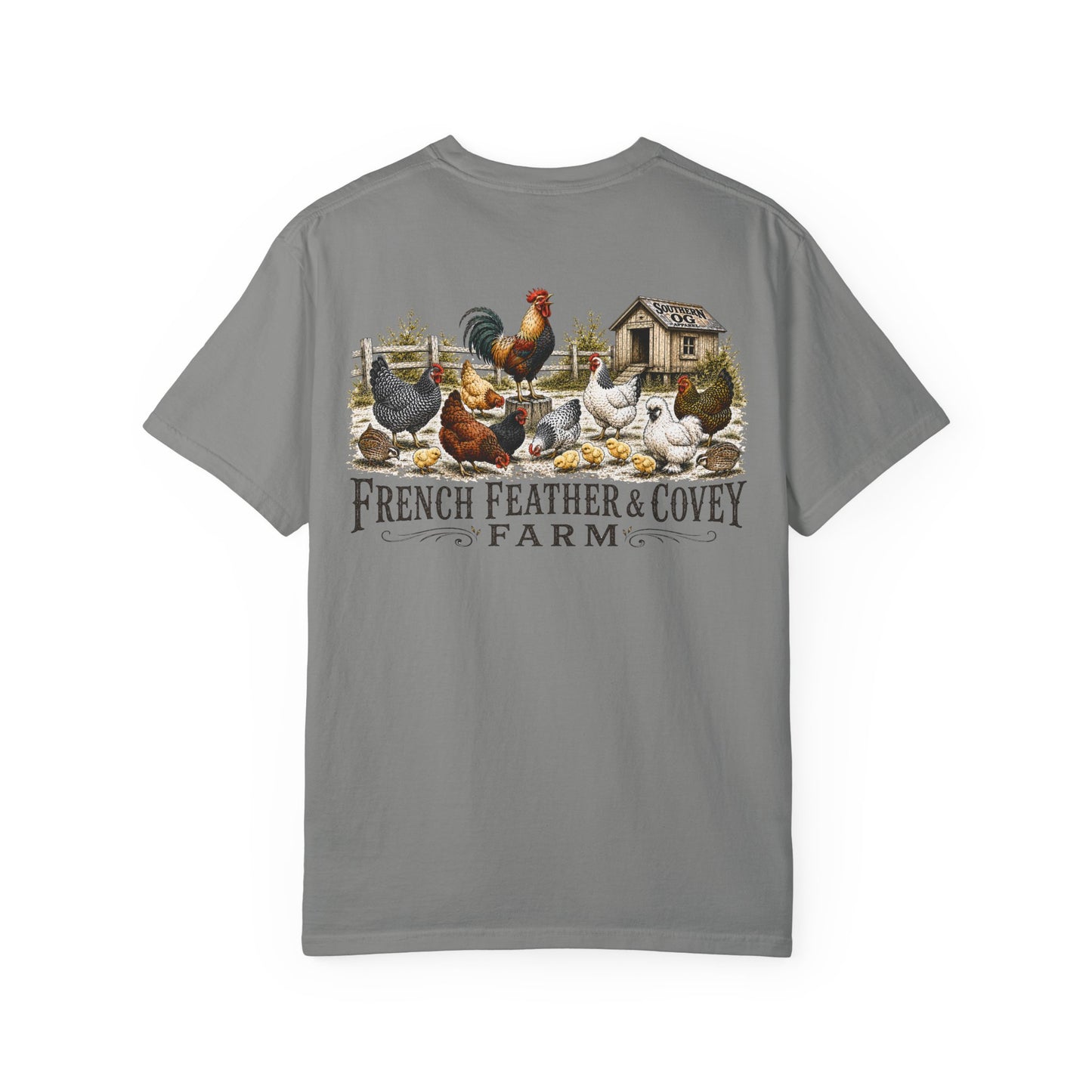 French Feather & Covey Farm T-Shirt — Vintage Farmhouse Chicken Tee