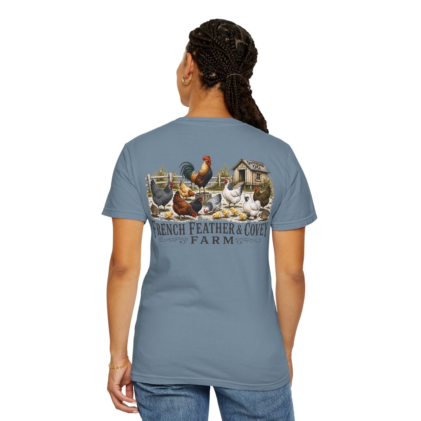 French Feather & Covey Farm T-Shirt — Vintage Farmhouse Chicken Tee