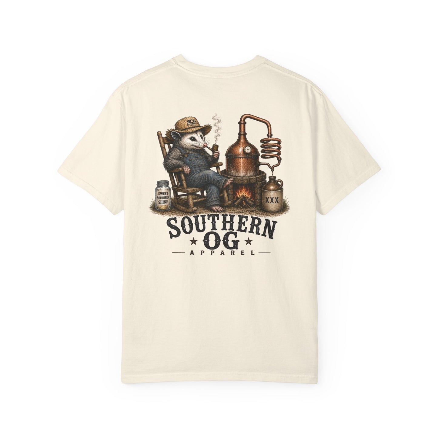 Southern OG Distillery T-Shirt — Moonshine Still Raccoon Graphic