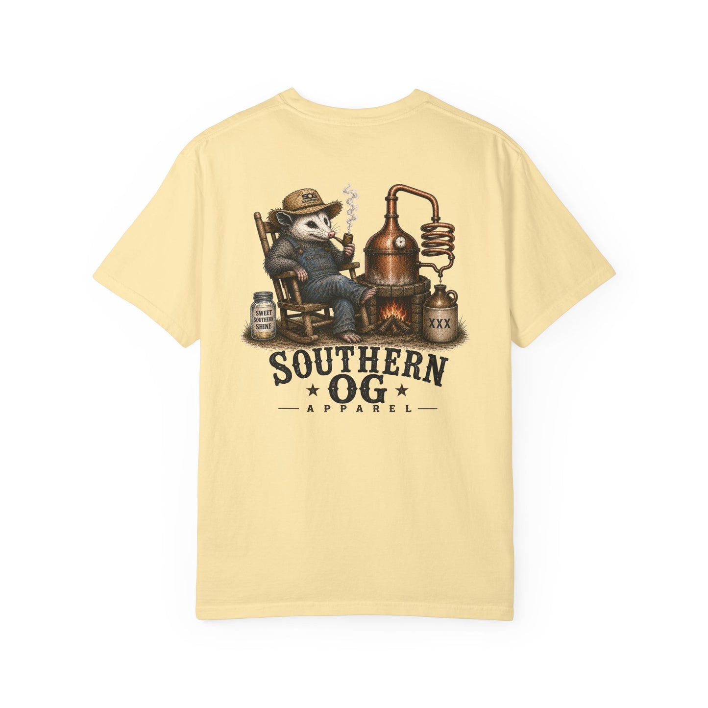 Southern OG Distillery T-Shirt — Moonshine Still Raccoon Graphic