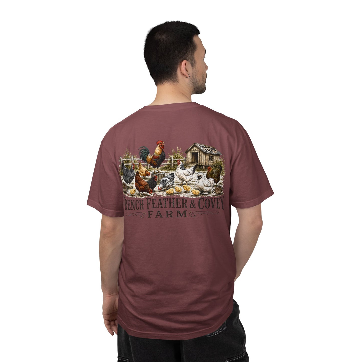 French Feather & Covey Farm T-Shirt — Vintage Farmhouse Chicken Tee