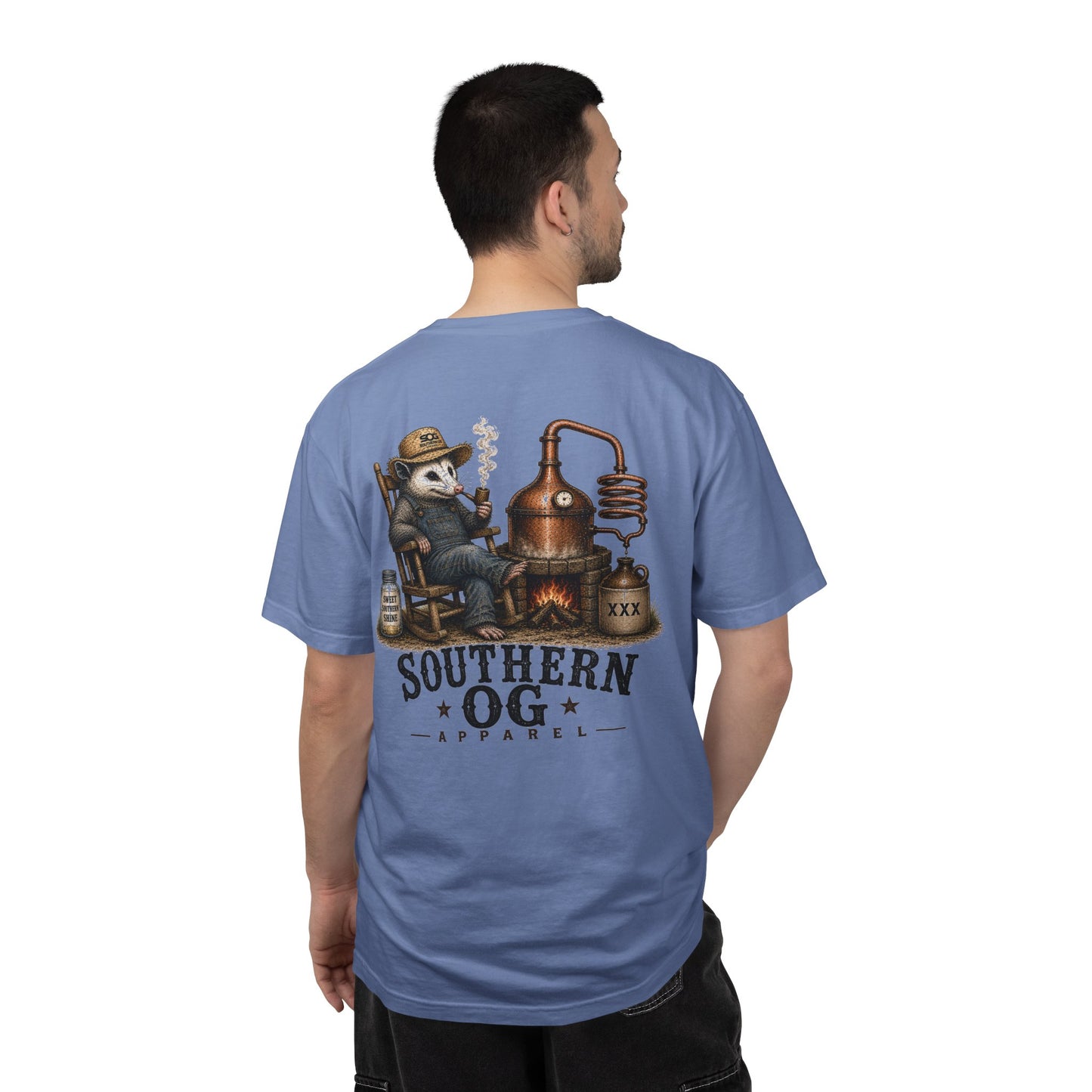 Southern OG Distillery T-Shirt — Moonshine Still Raccoon Graphic