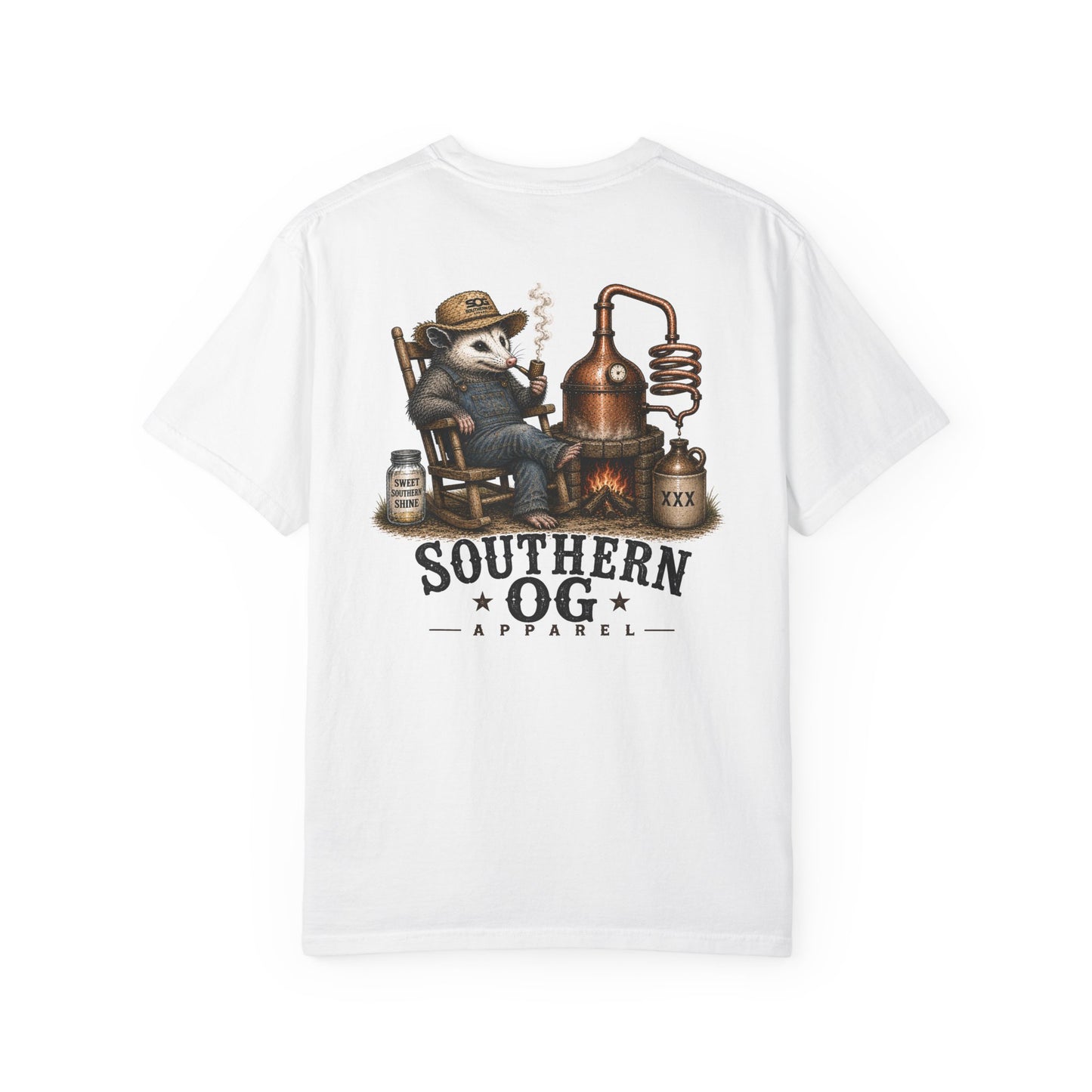 Southern OG Distillery T-Shirt — Moonshine Still Raccoon Graphic