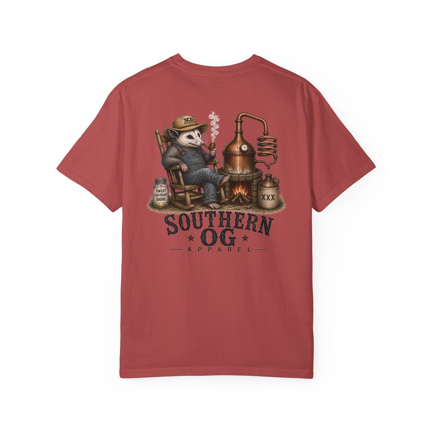 Southern OG Distillery T-Shirt — Moonshine Still Raccoon Graphic