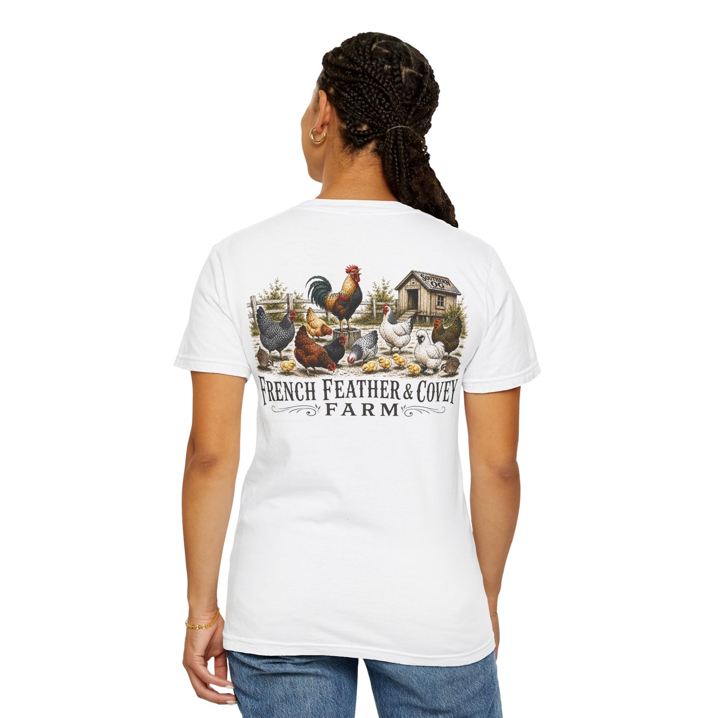 French Feather & Covey Farm T-Shirt — Vintage Farmhouse Chicken Tee
