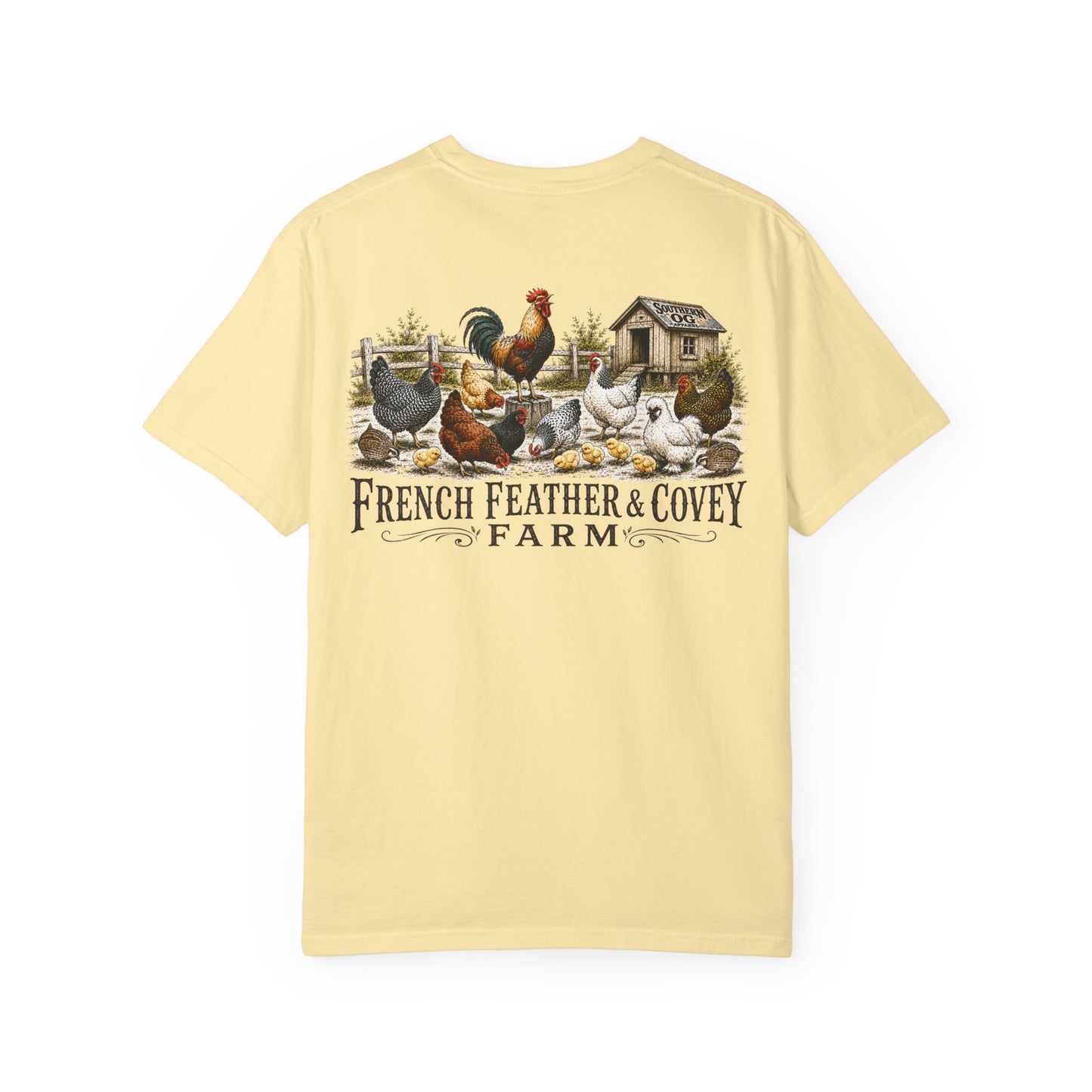 French Feather & Covey Farm T-Shirt — Vintage Farmhouse Chicken Tee