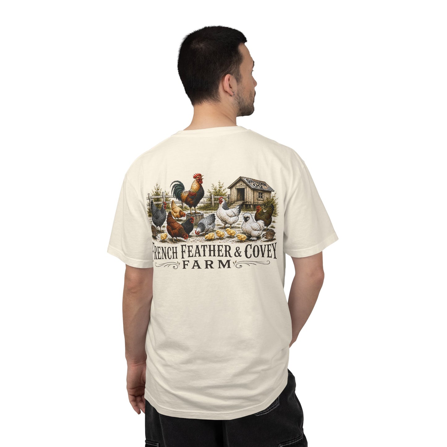 French Feather & Covey Farm T-Shirt — Vintage Farmhouse Chicken Tee