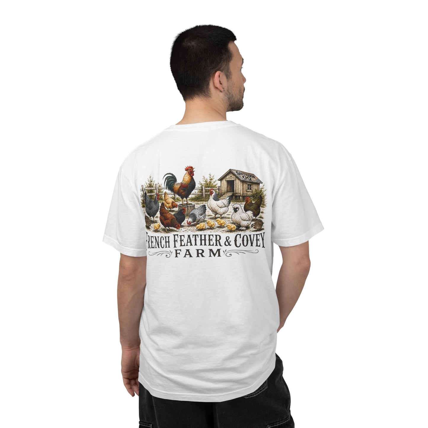 French Feather & Covey Farm T-Shirt — Vintage Farmhouse Chicken Tee