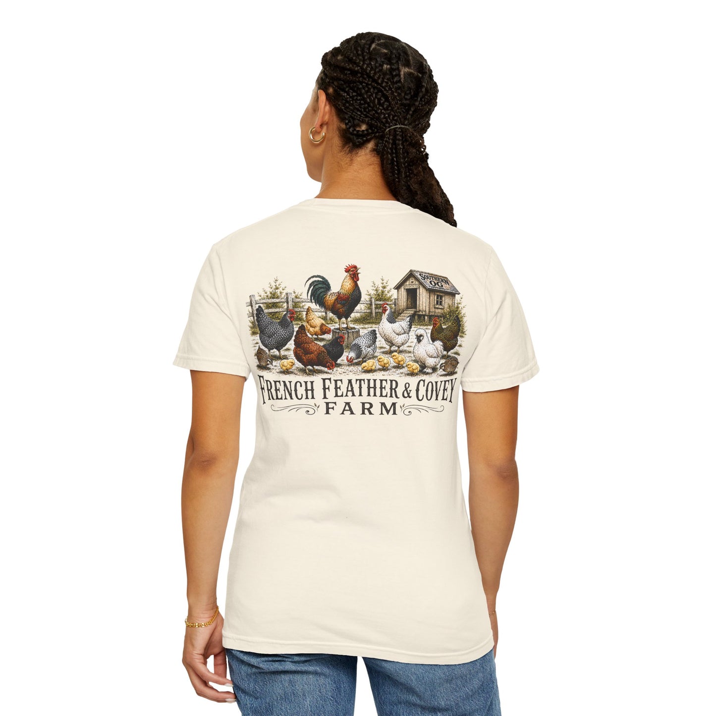 French Feather & Covey Farm T-Shirt — Vintage Farmhouse Chicken Tee