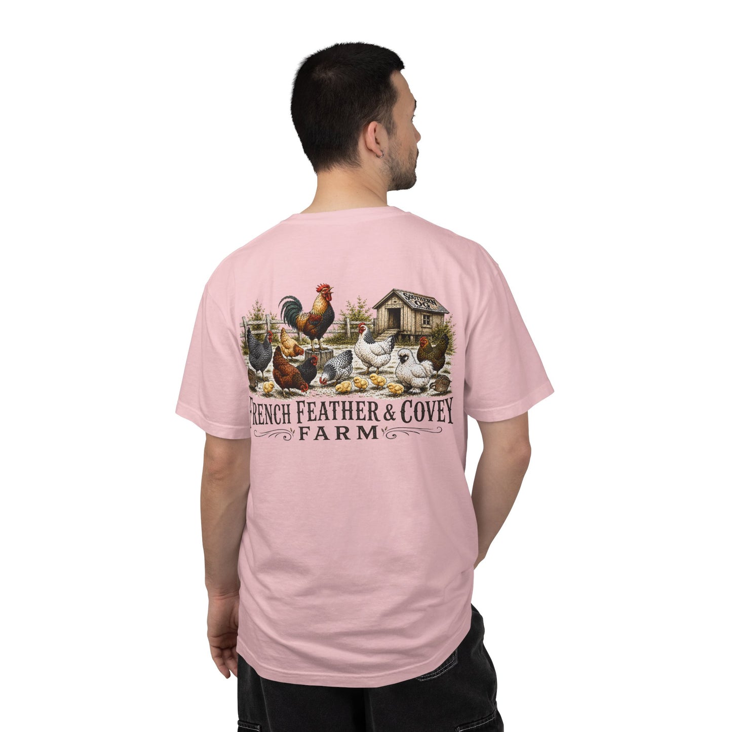 French Feather & Covey Farm T-Shirt — Vintage Farmhouse Chicken Tee
