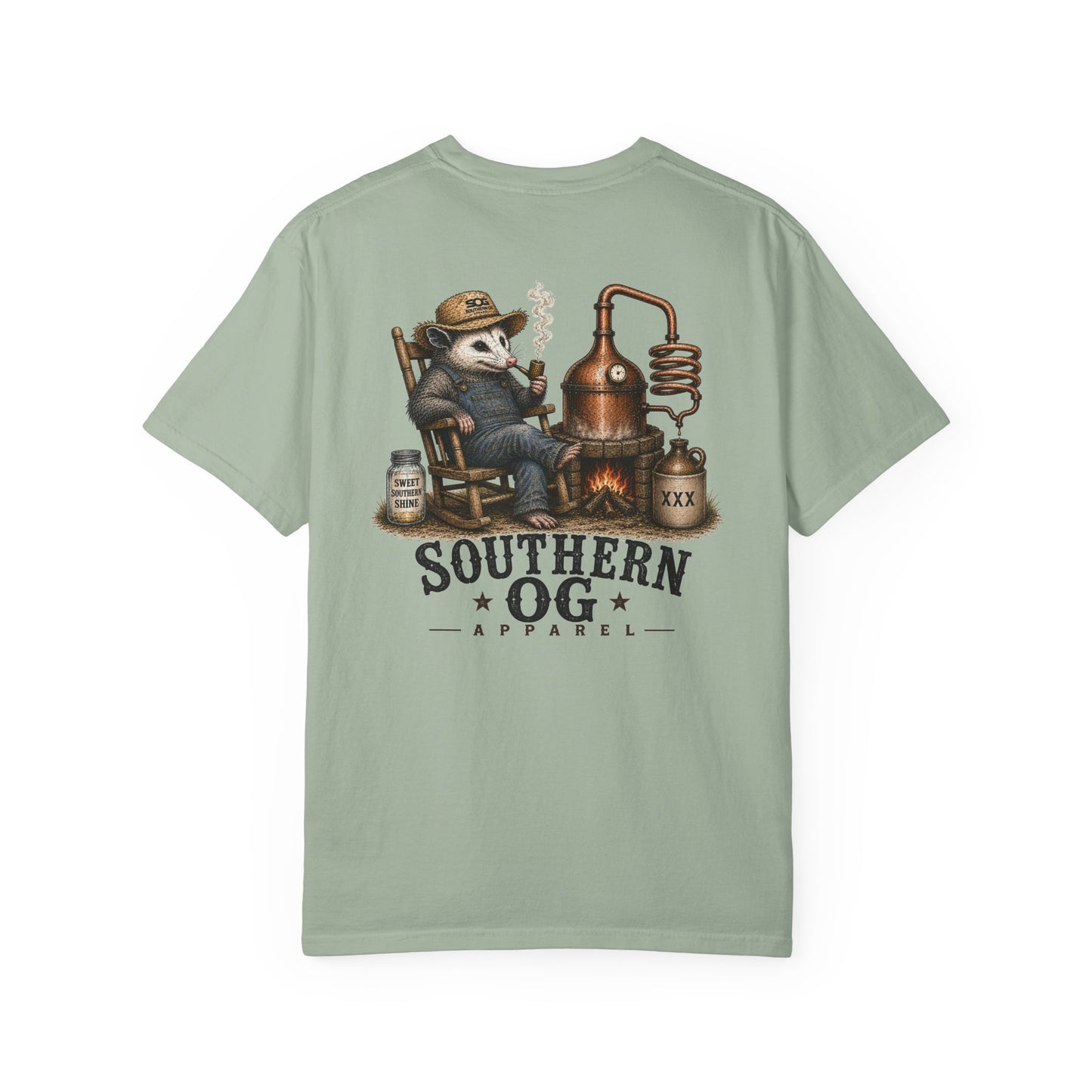 Southern OG Distillery T-Shirt — Moonshine Still Raccoon Graphic