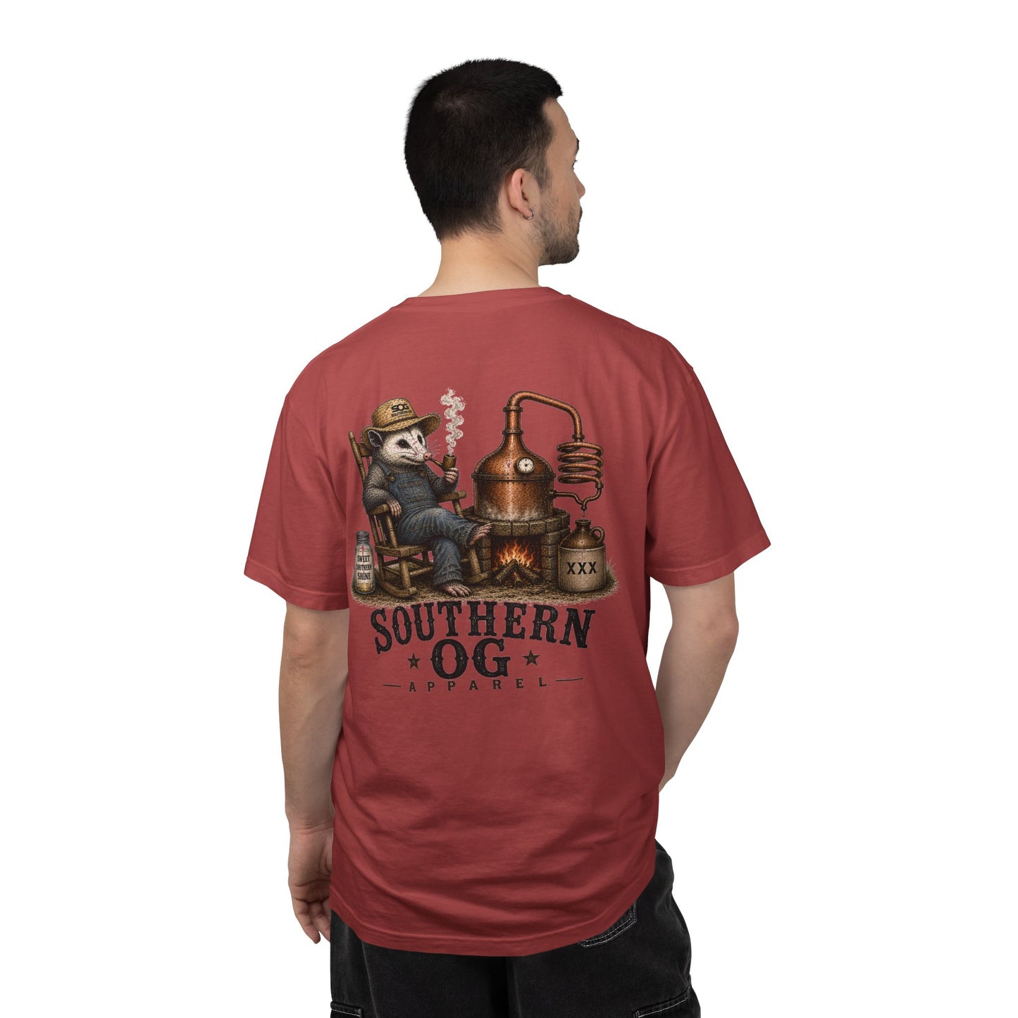 Southern OG Distillery T-Shirt — Moonshine Still Raccoon Graphic