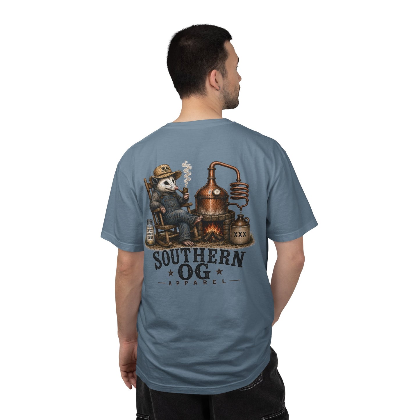 Southern OG Distillery T-Shirt — Moonshine Still Raccoon Graphic