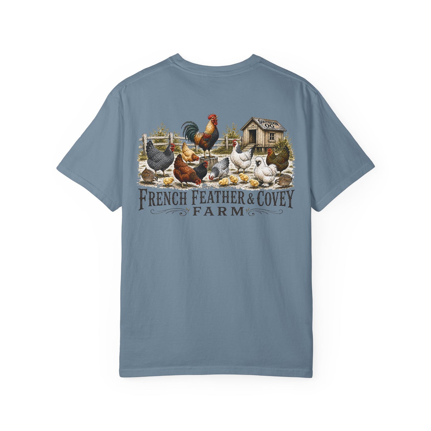 French Feather & Covey Farm T-Shirt — Vintage Farmhouse Chicken Tee