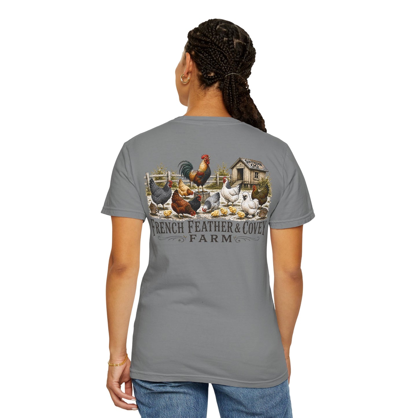 French Feather & Covey Farm T-Shirt — Vintage Farmhouse Chicken Tee