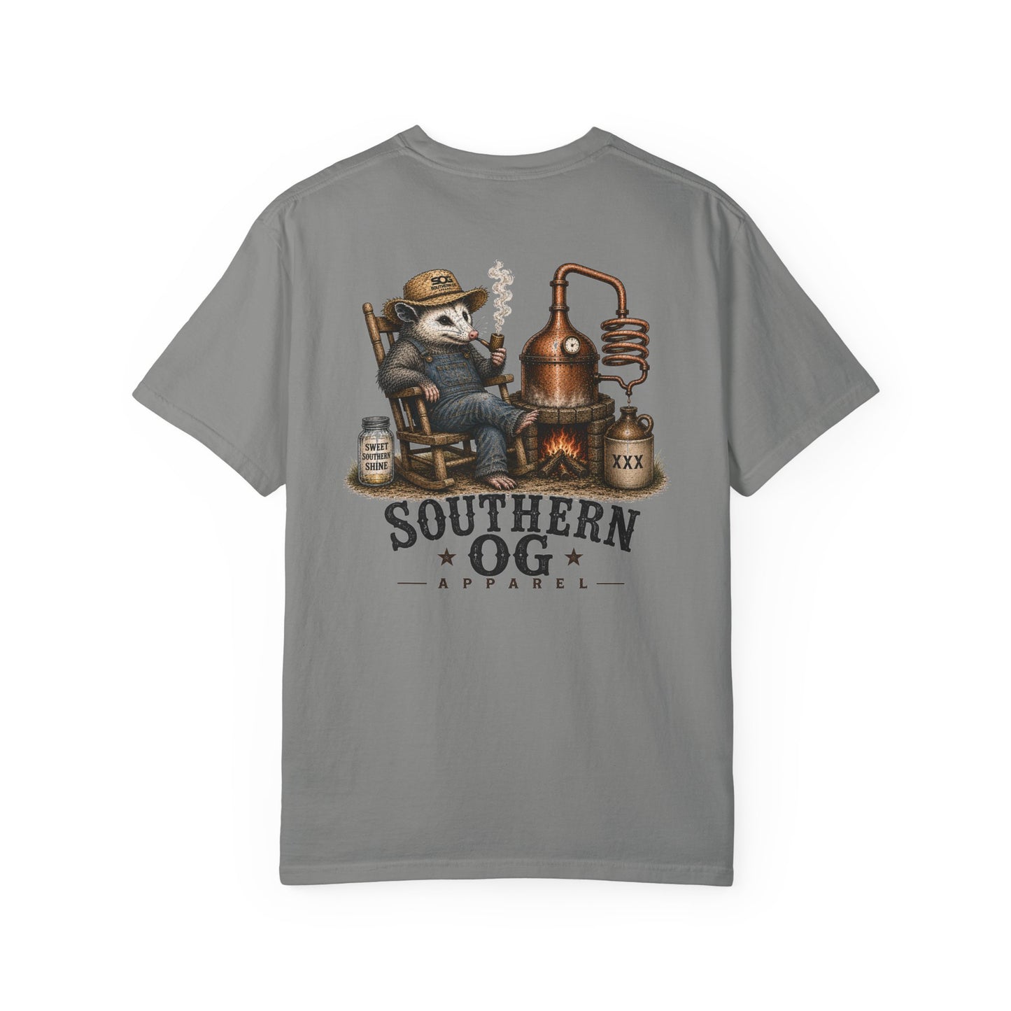 Southern OG Distillery T-Shirt — Moonshine Still Raccoon Graphic