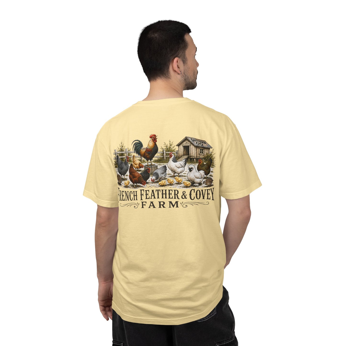 French Feather & Covey Farm T-Shirt — Vintage Farmhouse Chicken Tee