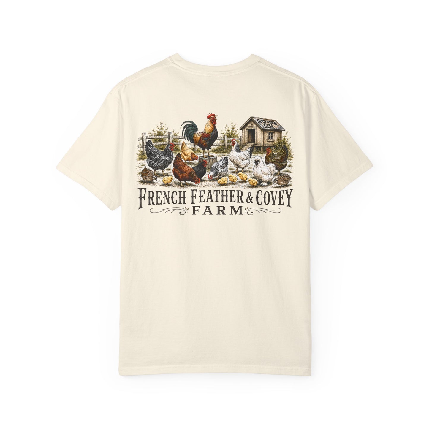French Feather & Covey Farm T-Shirt — Vintage Farmhouse Chicken Tee