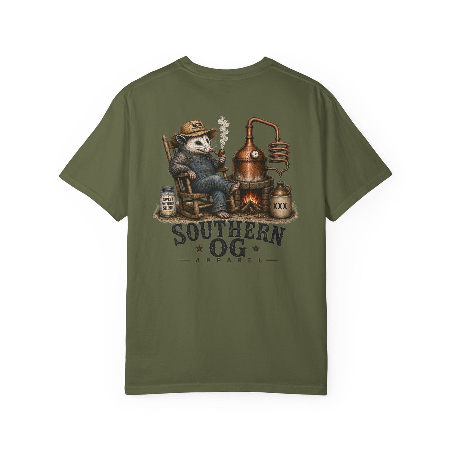 Southern OG Distillery T-Shirt — Moonshine Still Raccoon Graphic
