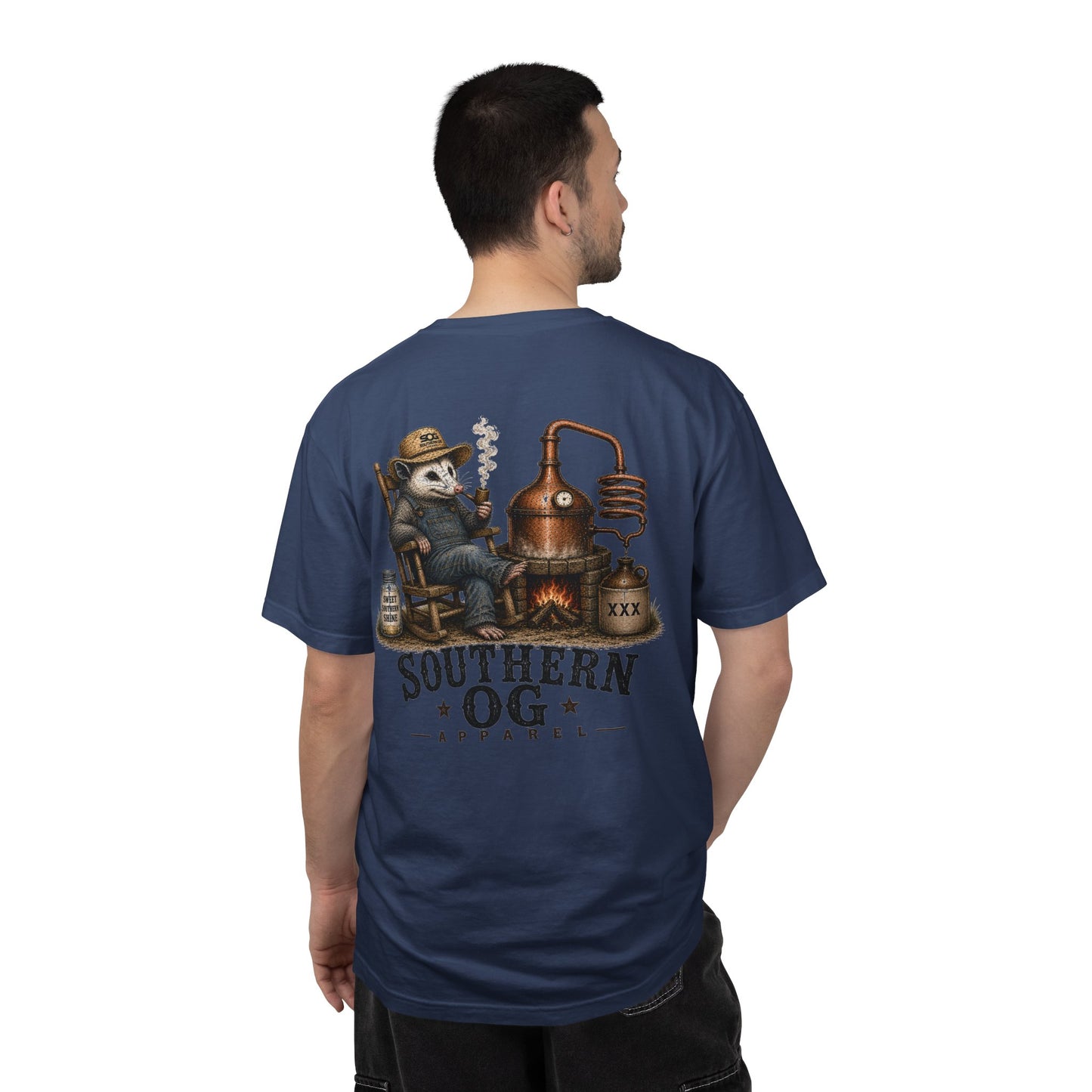 Southern OG Distillery T-Shirt — Moonshine Still Raccoon Graphic