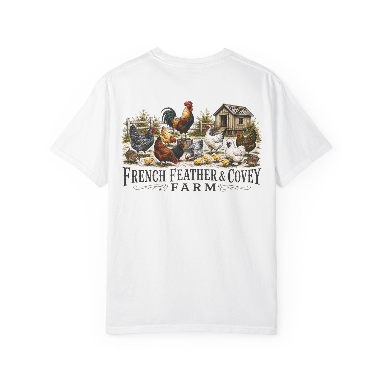 French Feather & Covey Farm T-Shirt — Vintage Farmhouse Chicken Tee