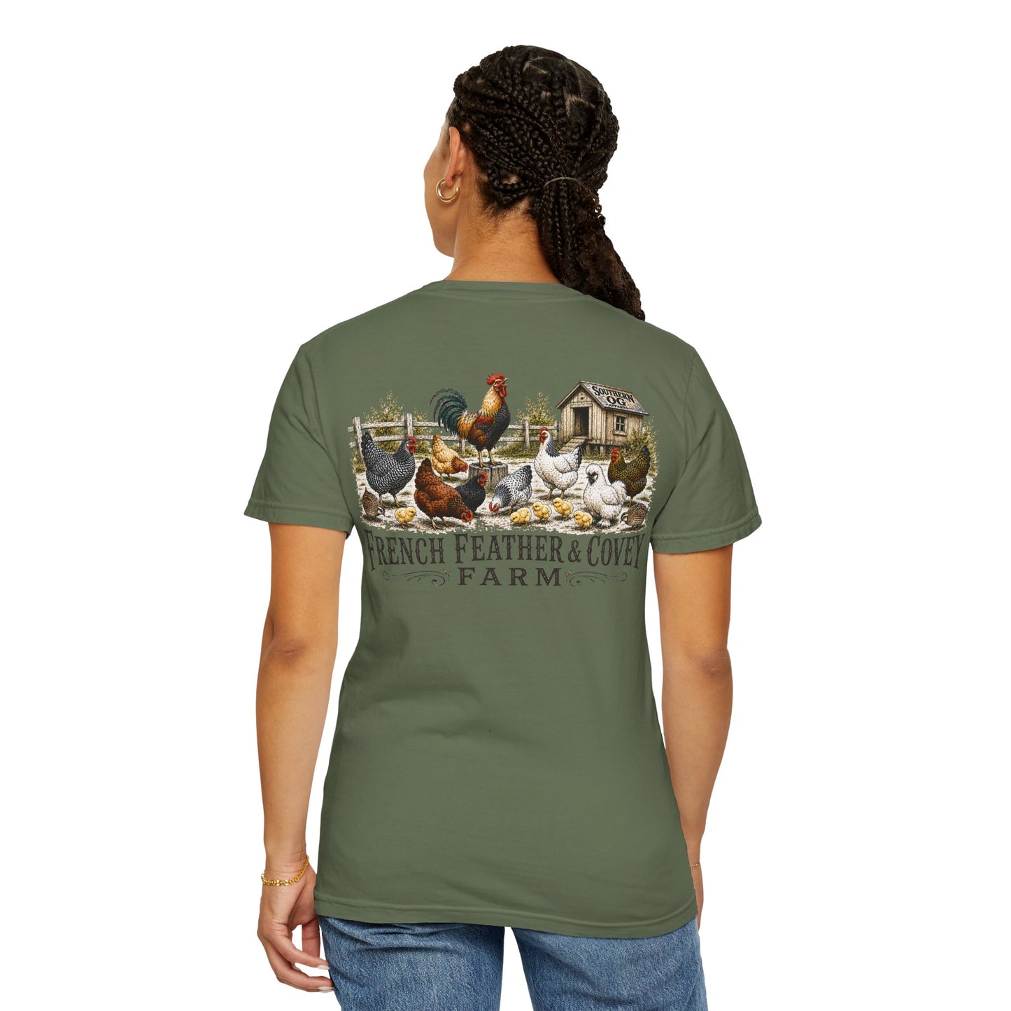 French Feather & Covey Farm T-Shirt — Vintage Farmhouse Chicken Tee