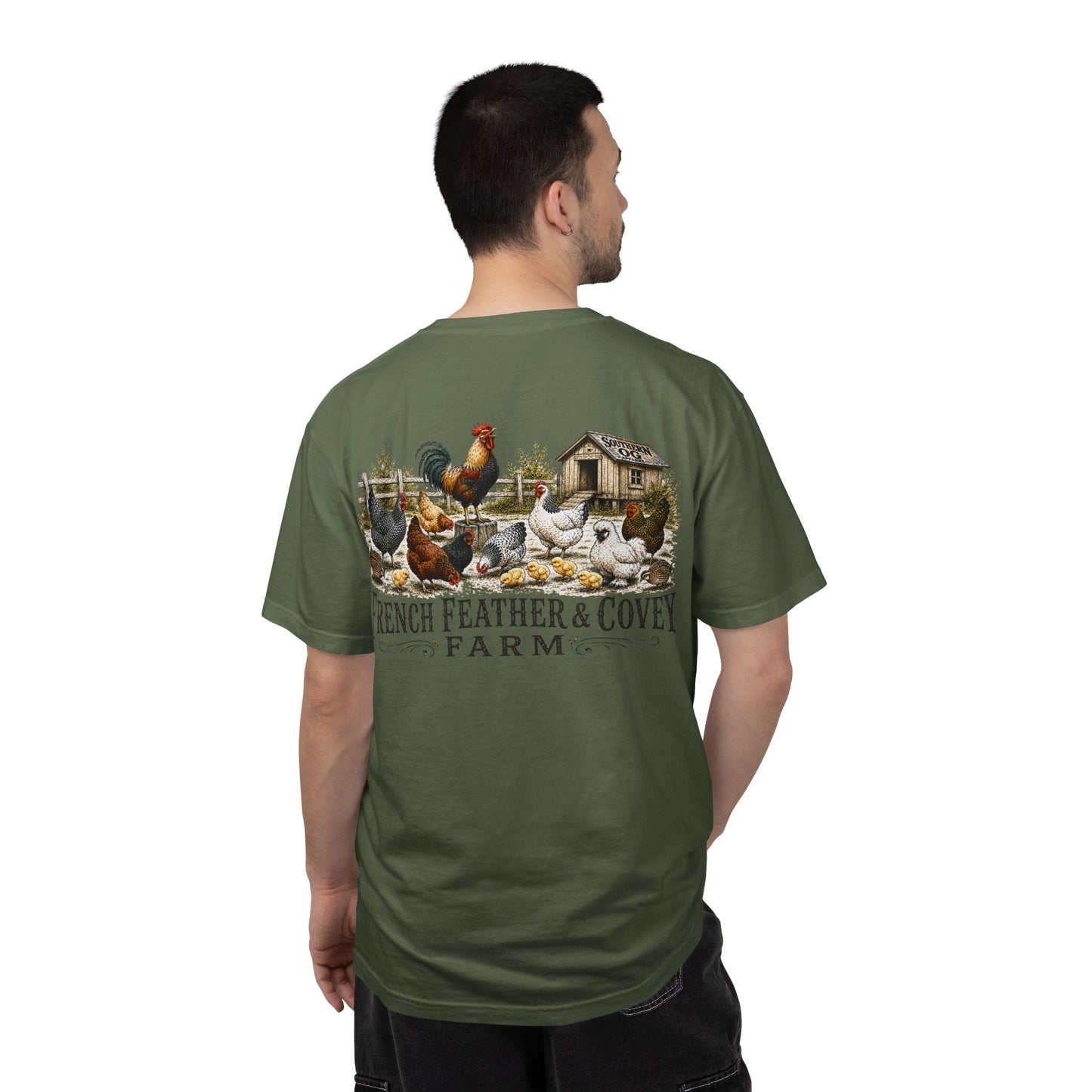 French Feather & Covey Farm T-Shirt — Vintage Farmhouse Chicken Tee