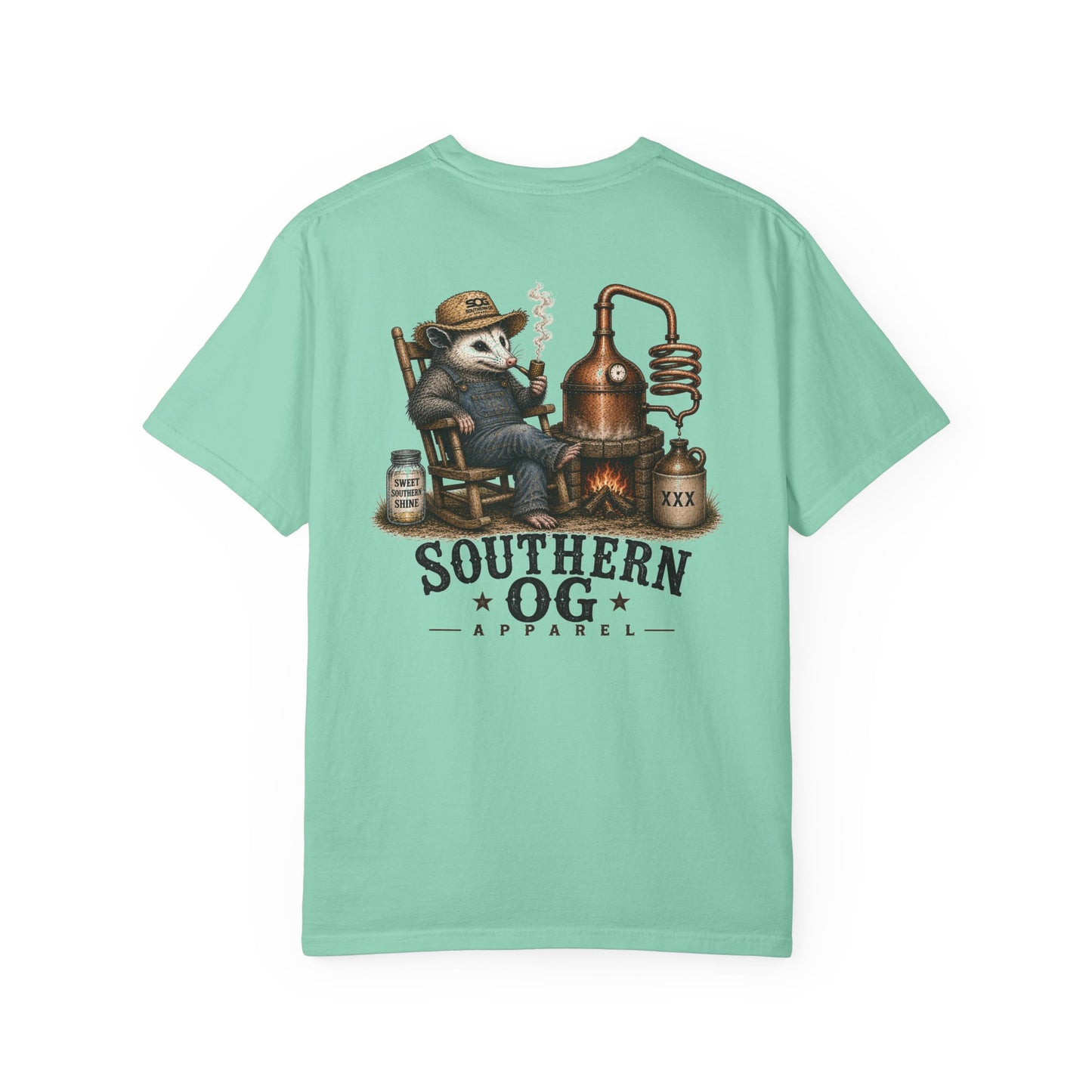 Southern OG Distillery T-Shirt — Moonshine Still Raccoon Graphic