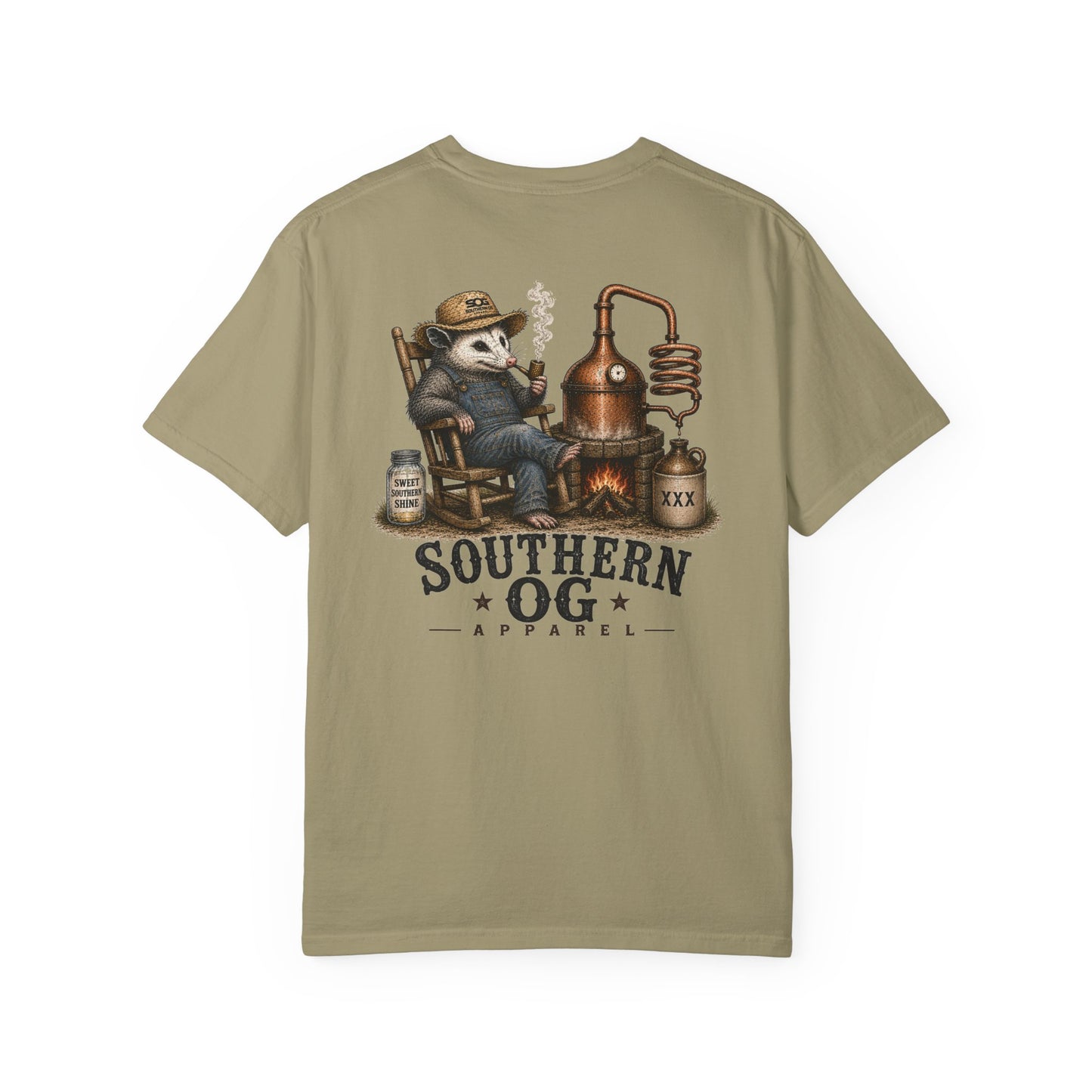 Southern OG Distillery T-Shirt — Moonshine Still Raccoon Graphic