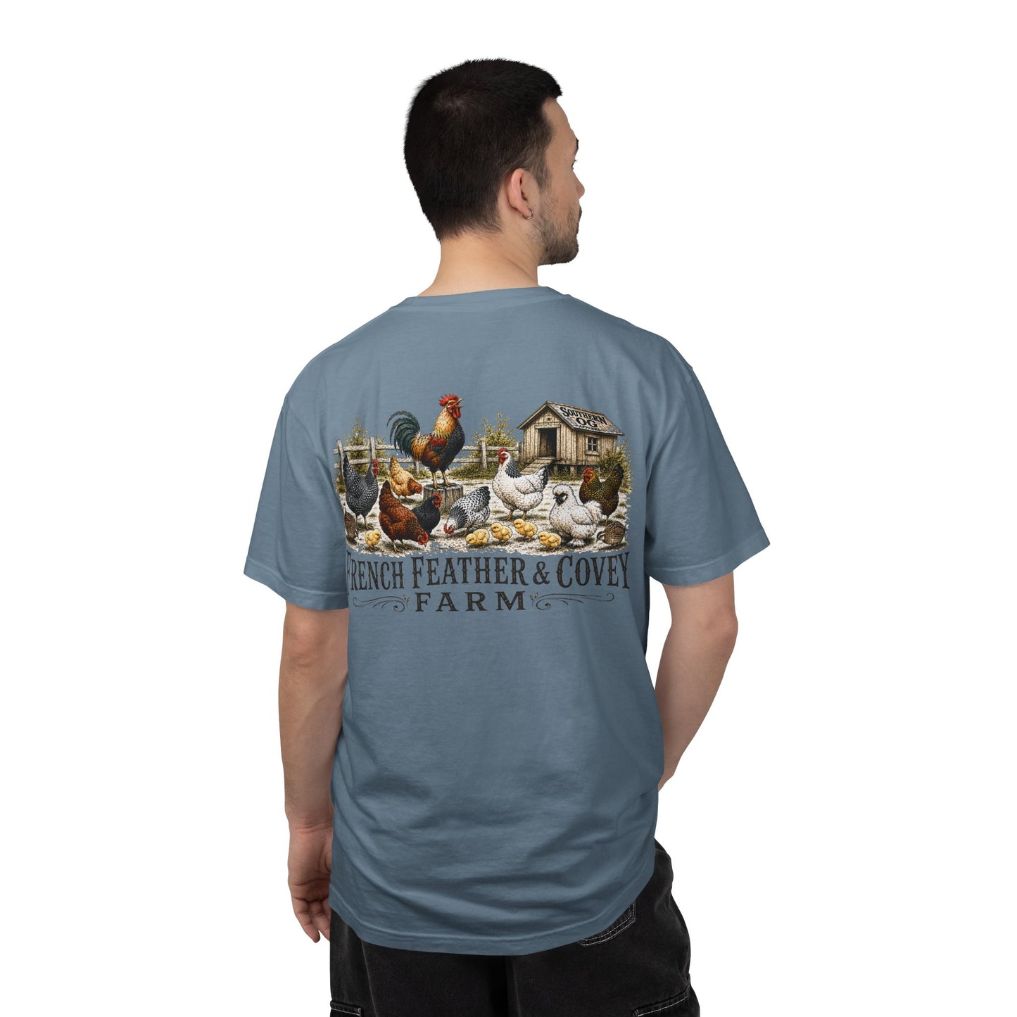 French Feather & Covey Farm T-Shirt — Vintage Farmhouse Chicken Tee