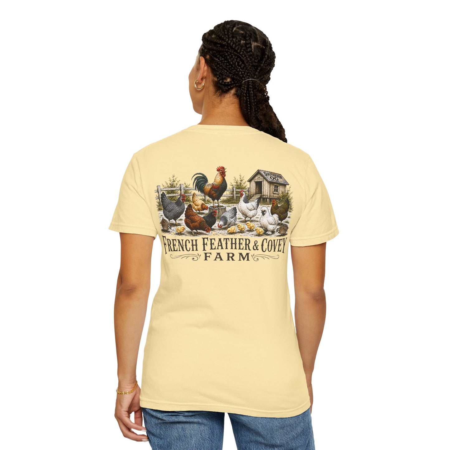 French Feather & Covey Farm T-Shirt — Vintage Farmhouse Chicken Tee