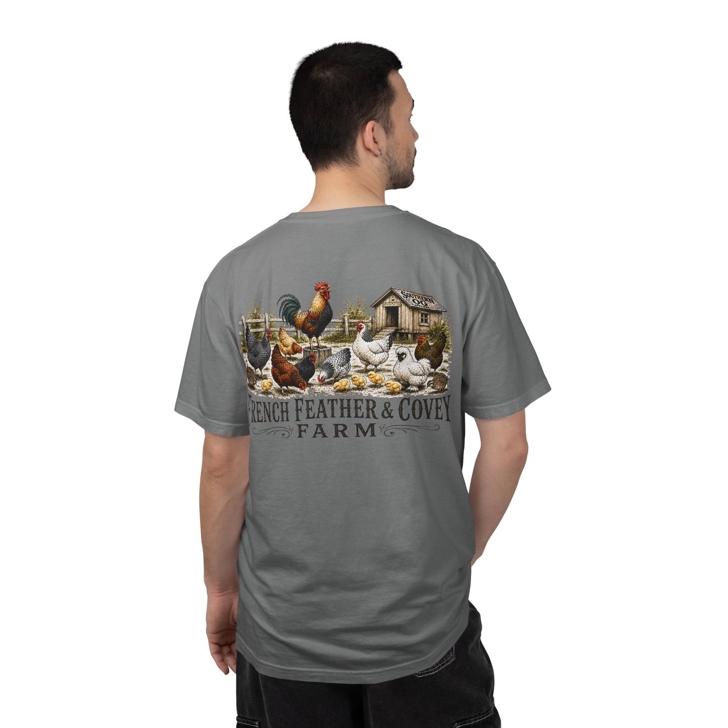 French Feather & Covey Farm T-Shirt — Vintage Farmhouse Chicken Tee