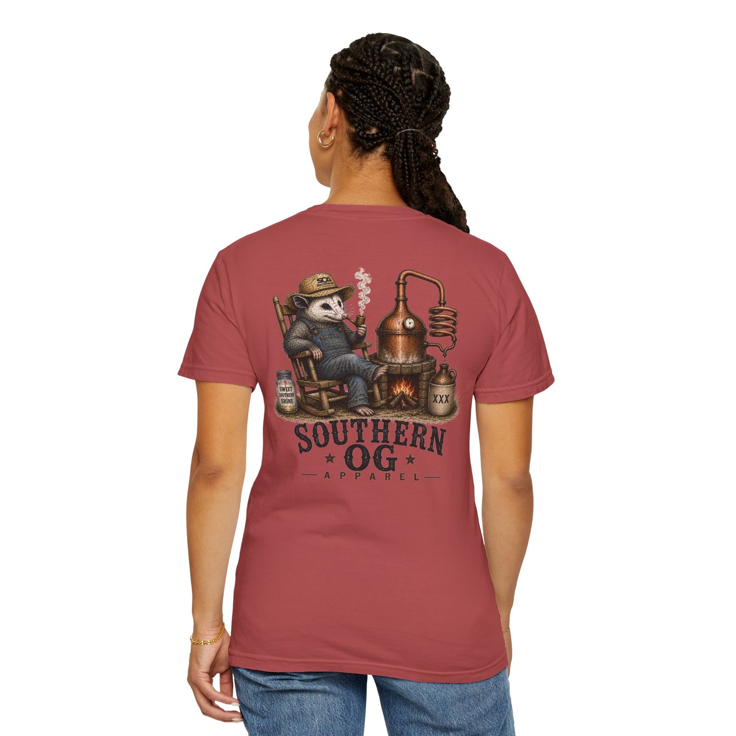 Southern OG Distillery T-Shirt — Moonshine Still Raccoon Graphic