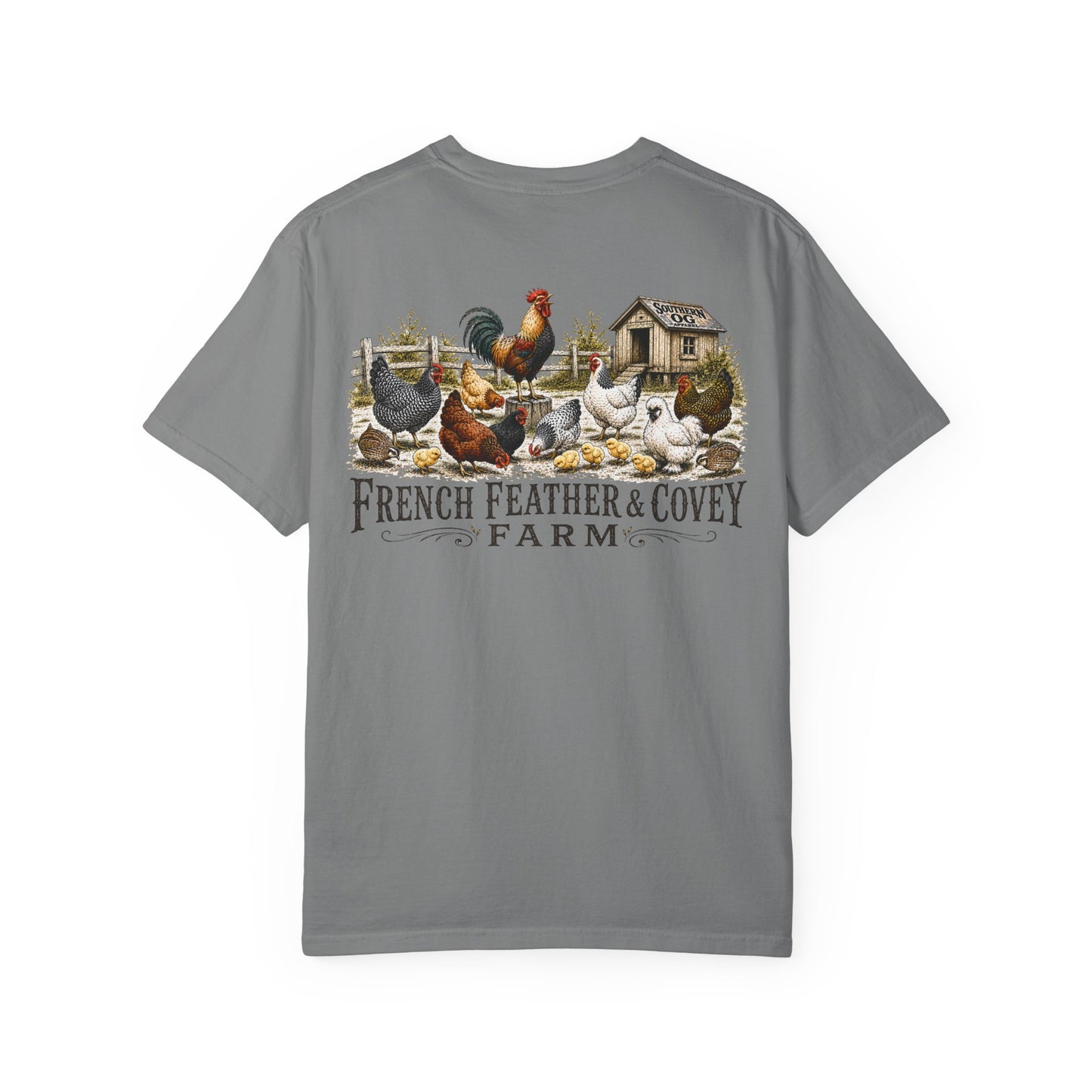 French Feather & Covey Farm T-Shirt — Vintage Farmhouse Chicken Tee