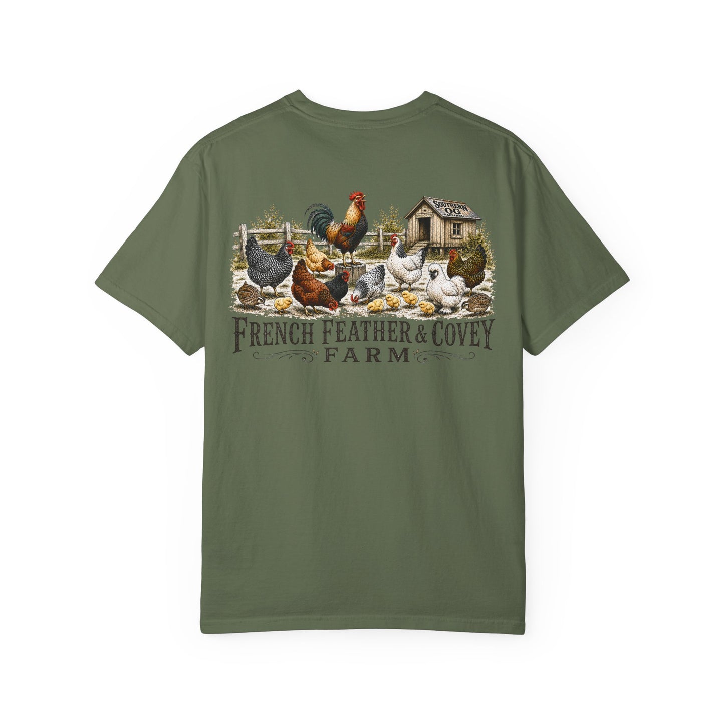 French Feather & Covey Farm T-Shirt — Vintage Farmhouse Chicken Tee