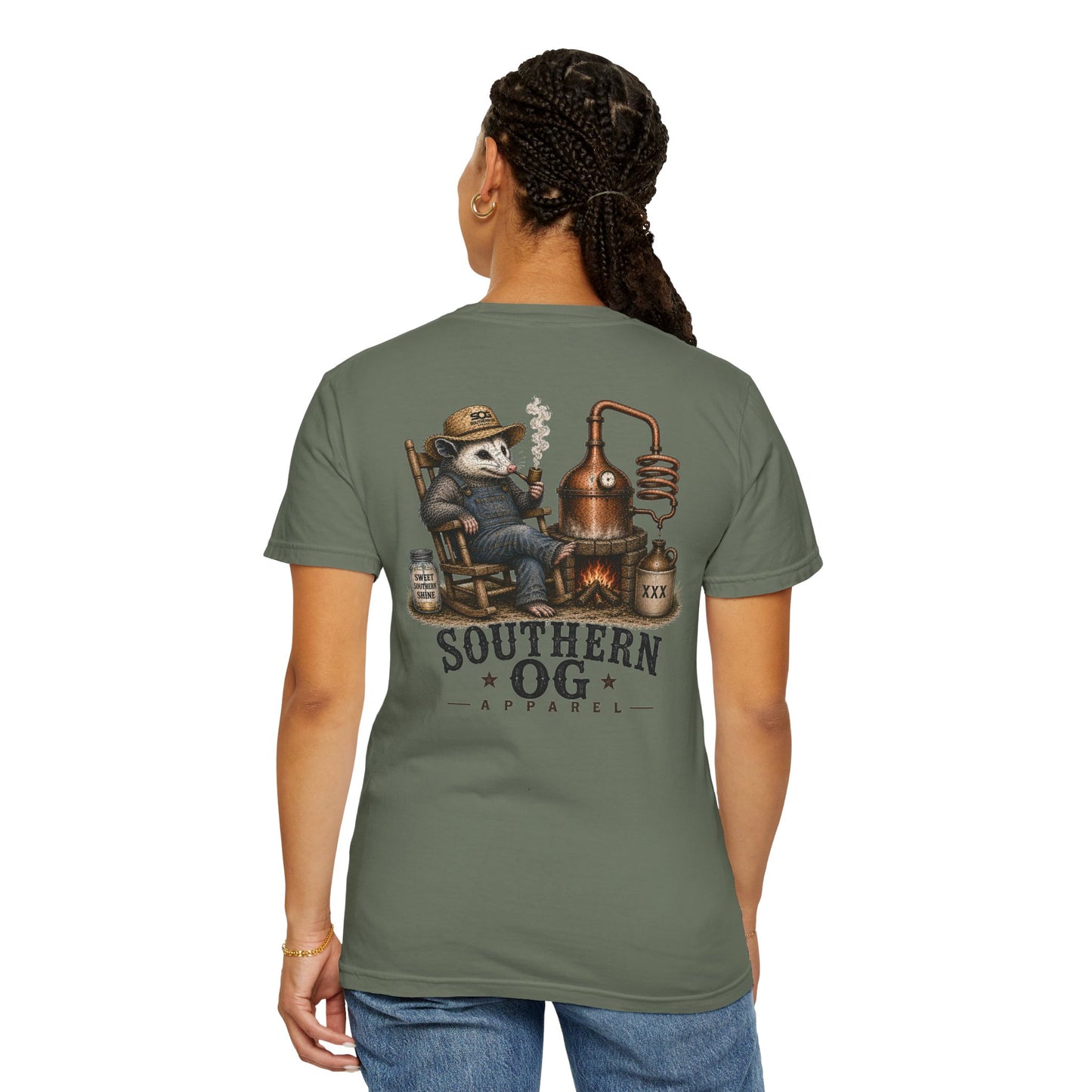 Southern OG Distillery T-Shirt — Moonshine Still Raccoon Graphic