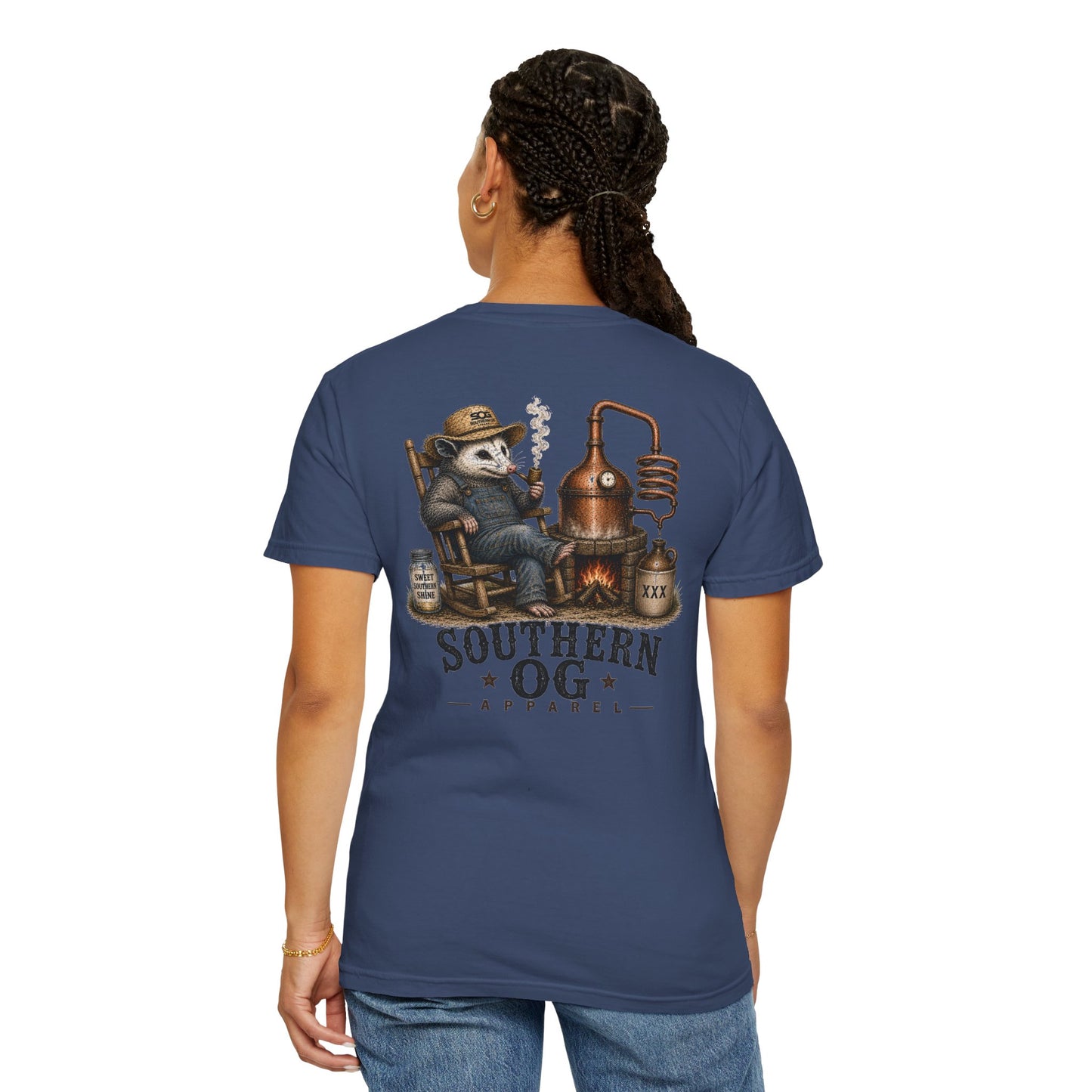 Southern OG Distillery T-Shirt — Moonshine Still Raccoon Graphic