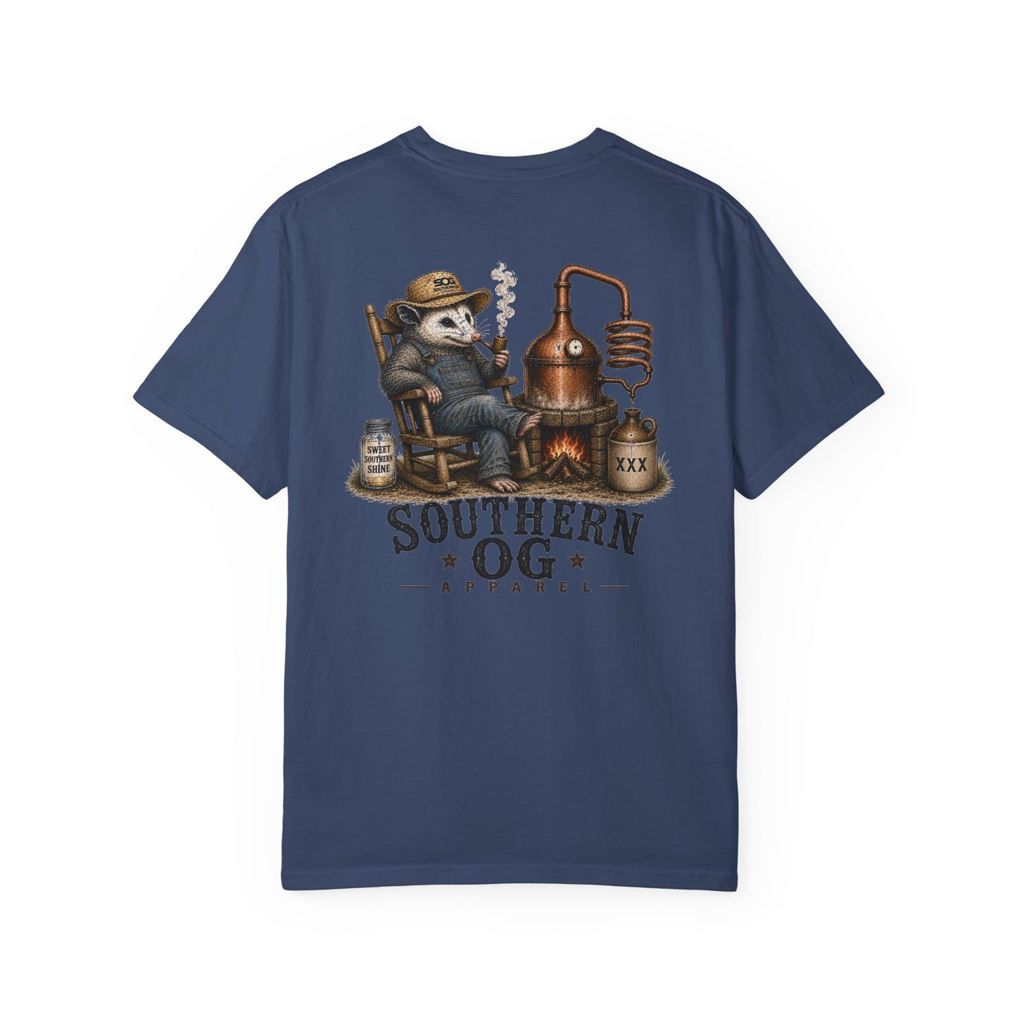 Southern OG Distillery T-Shirt — Moonshine Still Raccoon Graphic