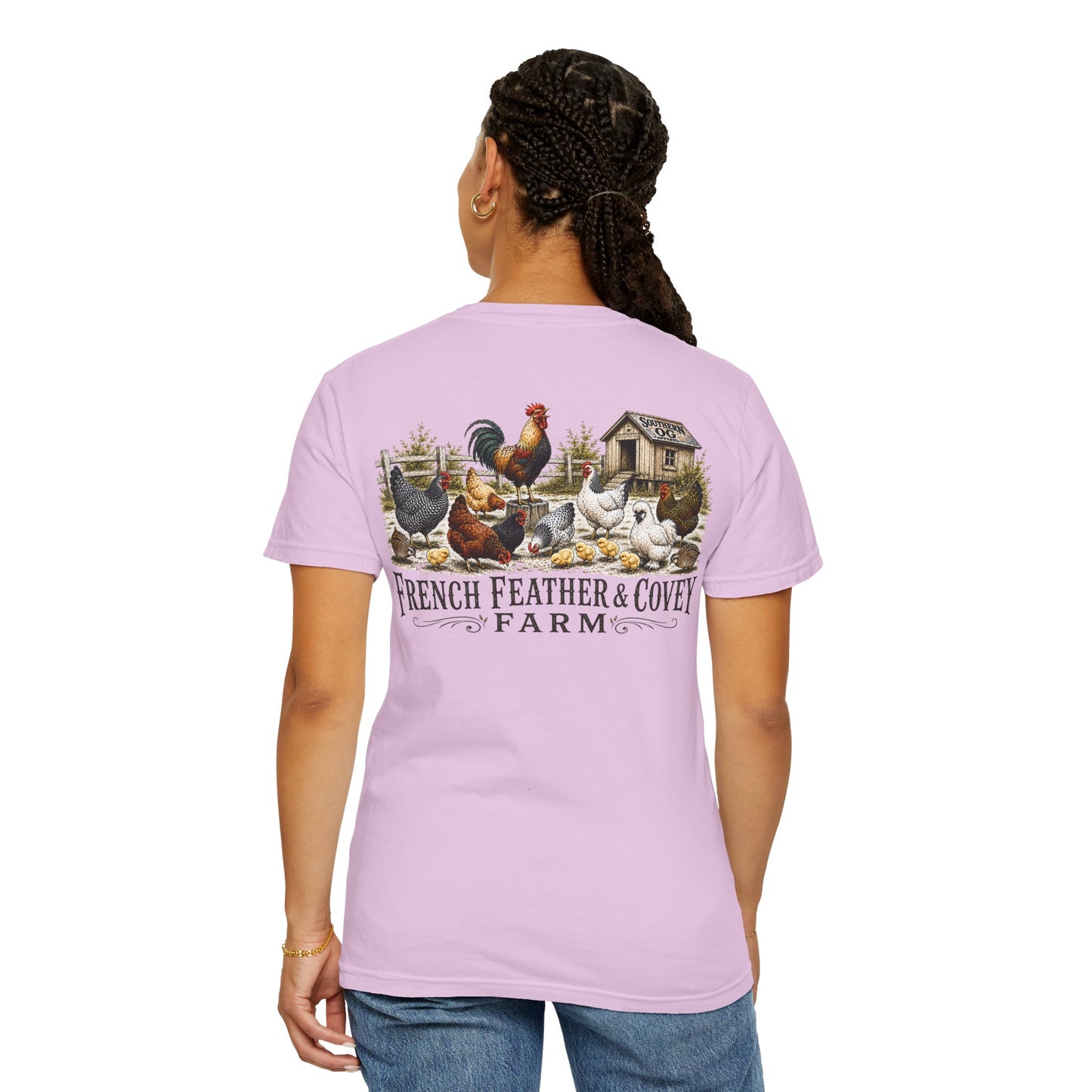 French Feather & Covey Farm T-Shirt — Vintage Farmhouse Chicken Tee
