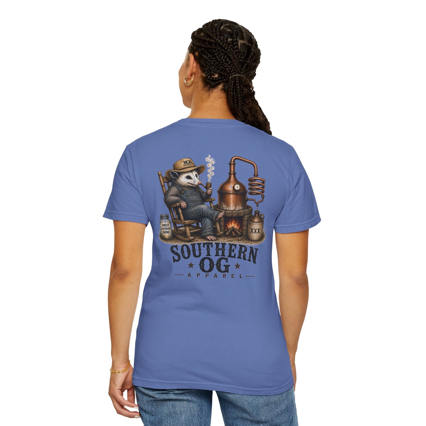 Southern OG Distillery T-Shirt — Moonshine Still Raccoon Graphic