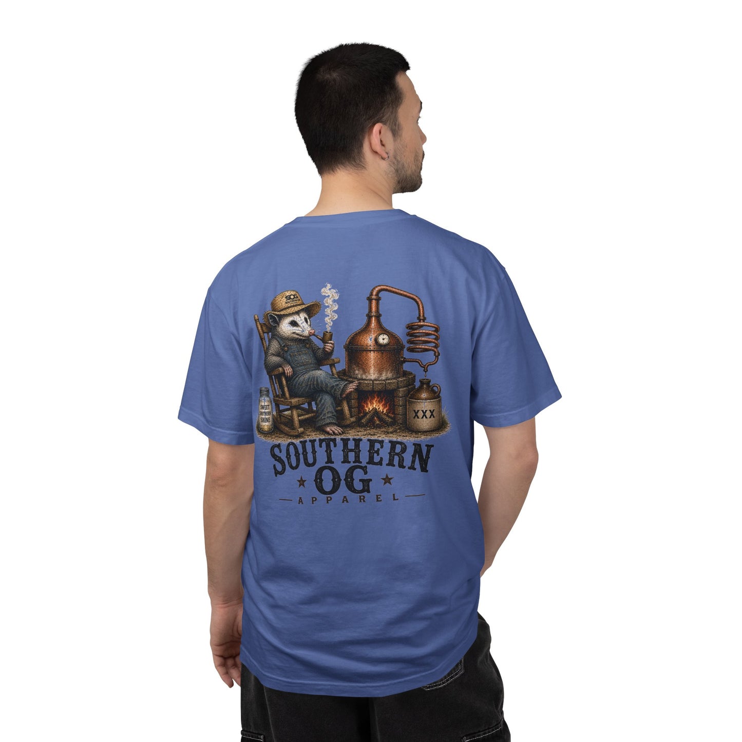 Southern OG Distillery T-Shirt — Moonshine Still Raccoon Graphic