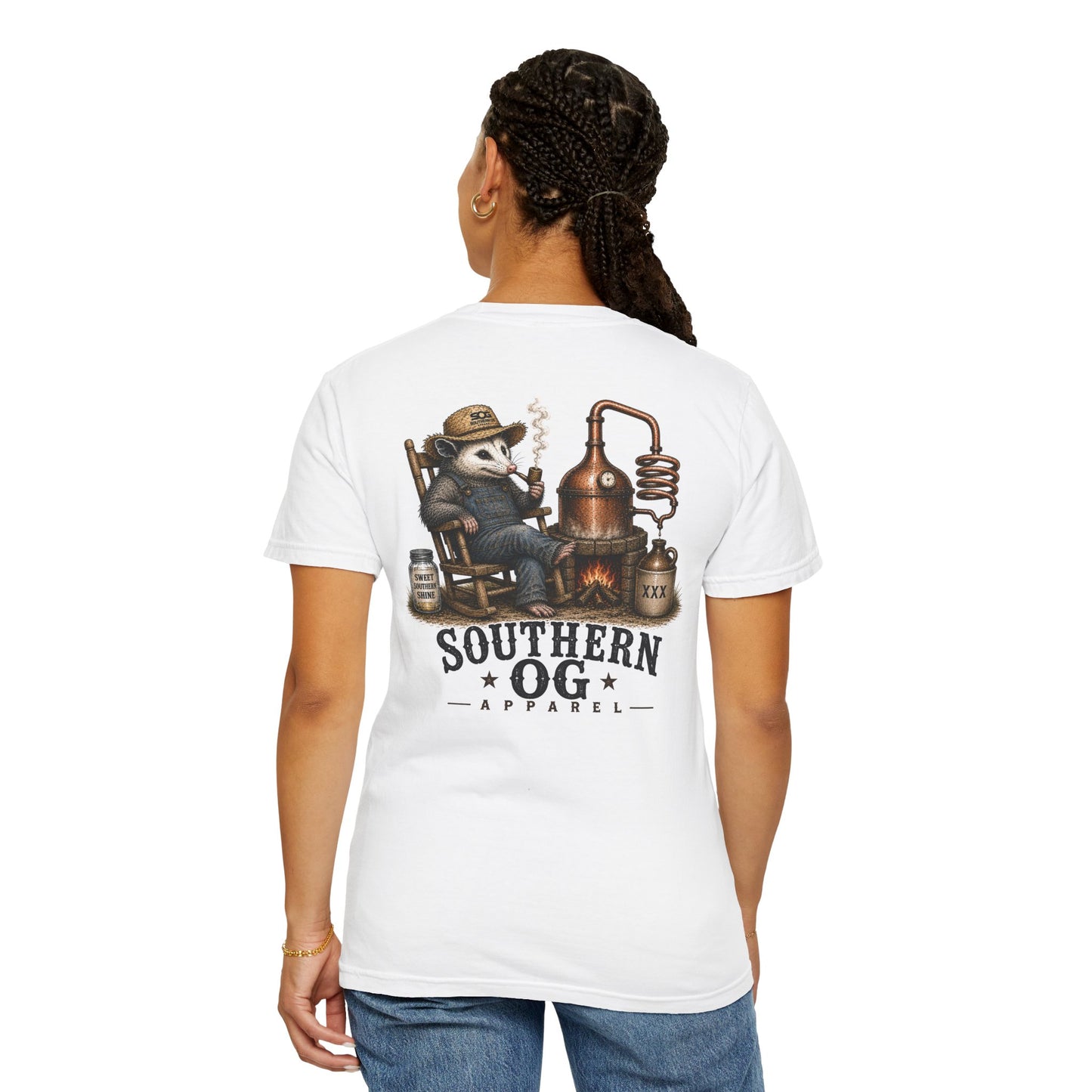 Southern OG Distillery T-Shirt — Moonshine Still Raccoon Graphic