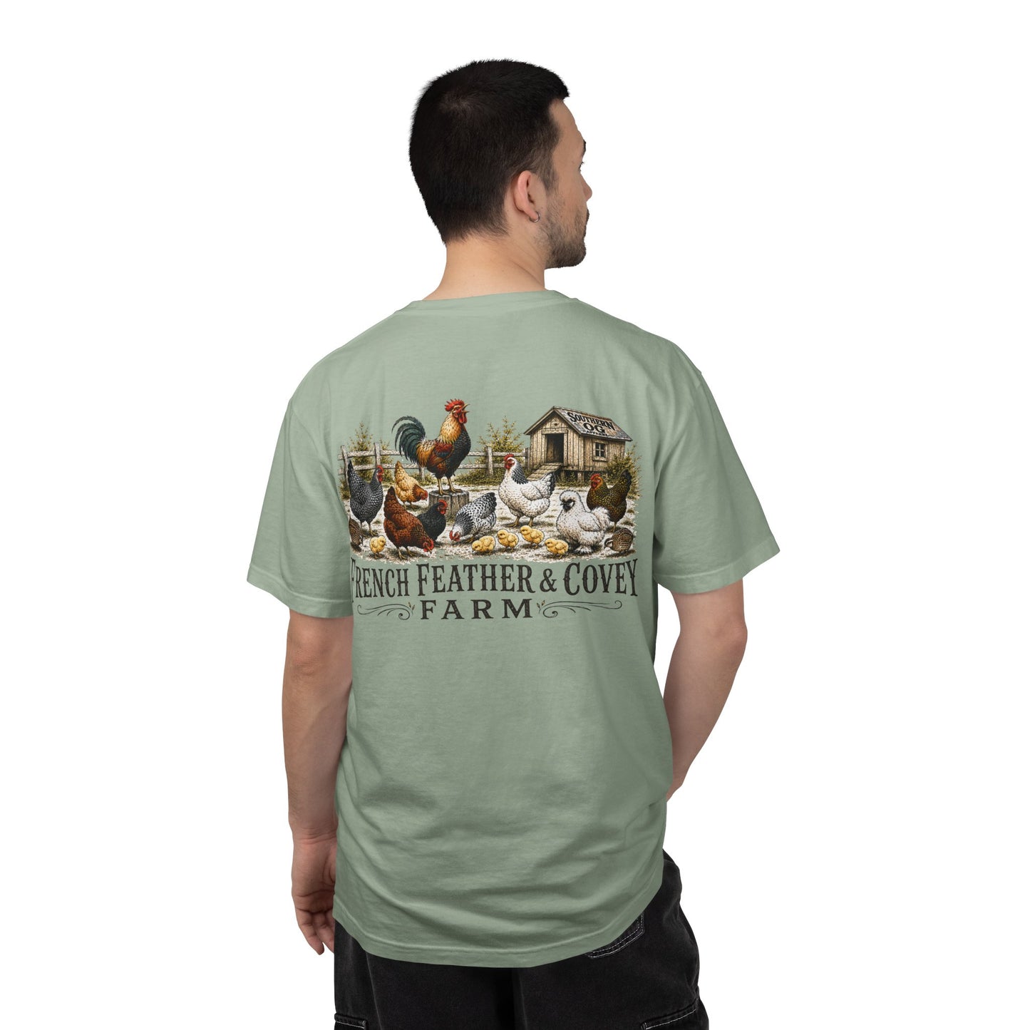 French Feather & Covey Farm T-Shirt — Vintage Farmhouse Chicken Tee